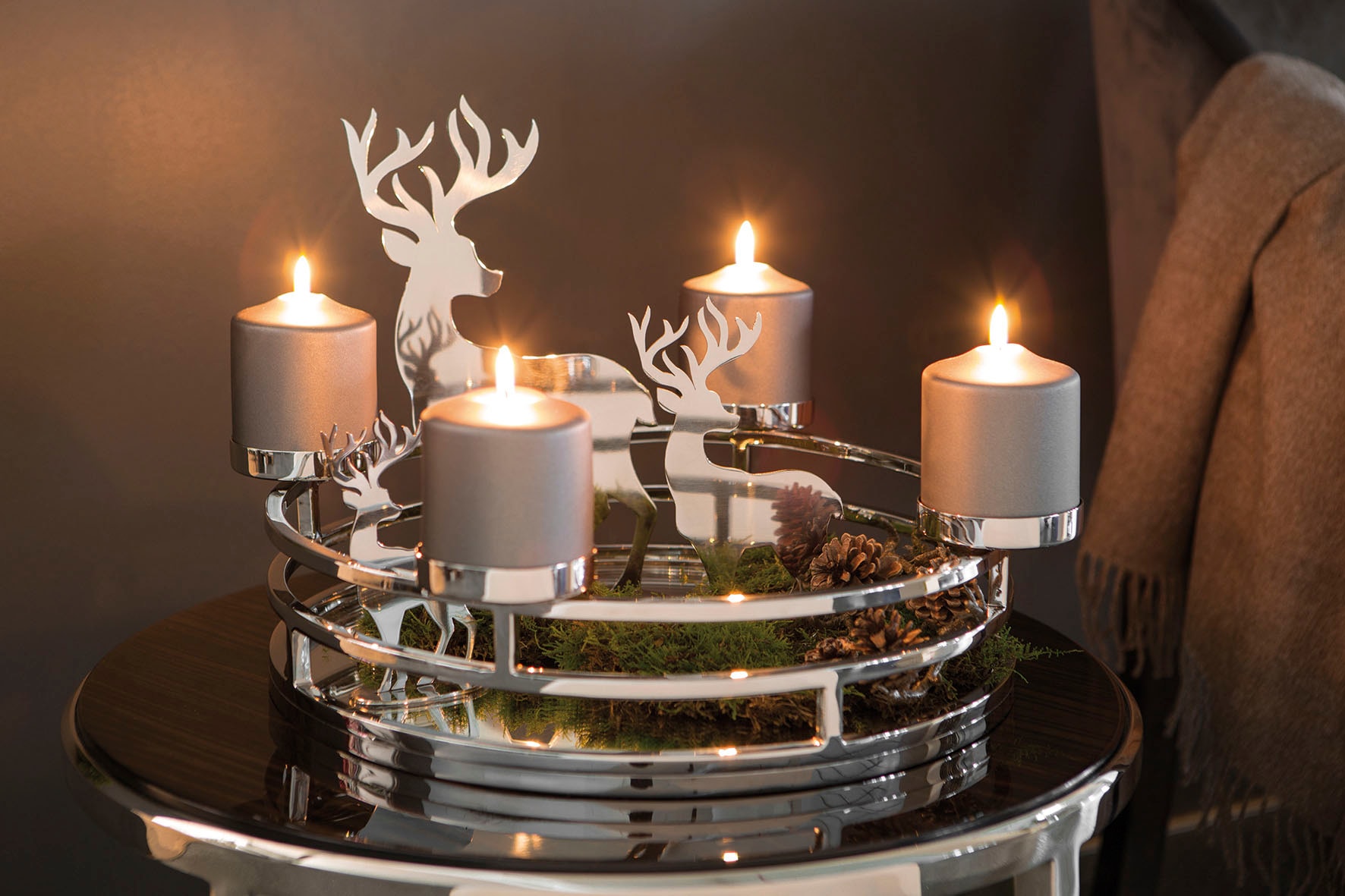 Fink Chandelier de l'Avent »MODENA, für 4 Stumpenkerzen Ø 8 cm, Deko-Tablett für Weihnachten« Couronne de l'Avent, Ø 38 cm, porte-bougies en acier inoxydable, déco de Noël