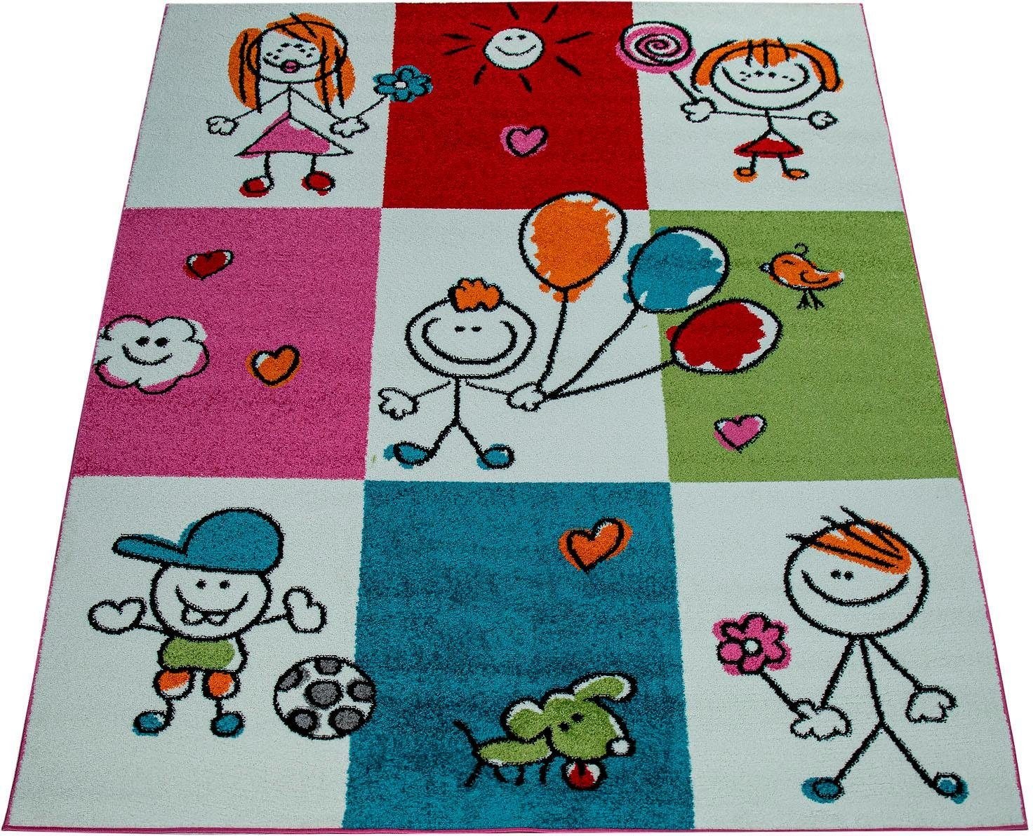 Image of Paco Home Kinderteppich »Alma 928«, rechteckig, 14 mm Höhe, Kurzflor, Kinder Design, Karo-Muster mit kunterbunten verspielten Motiven, Kinderzimmer bei Ackermann Versand Schweiz