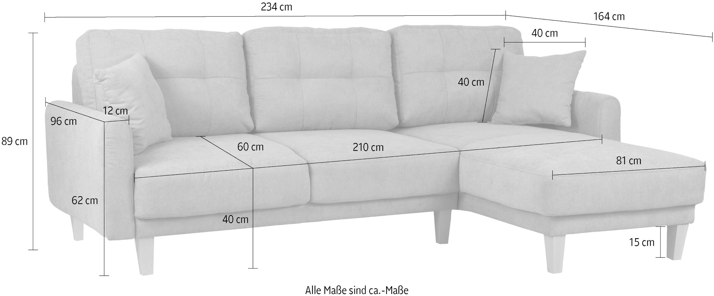 Home affaire Ecksofa »TRIPLO optionale Schlafsofa mit Bettkasten, Masse B/T/H: 234/164/89 cm« L-Form wahlweise mit Bettfunktion - Liegefläche 132x210 cm