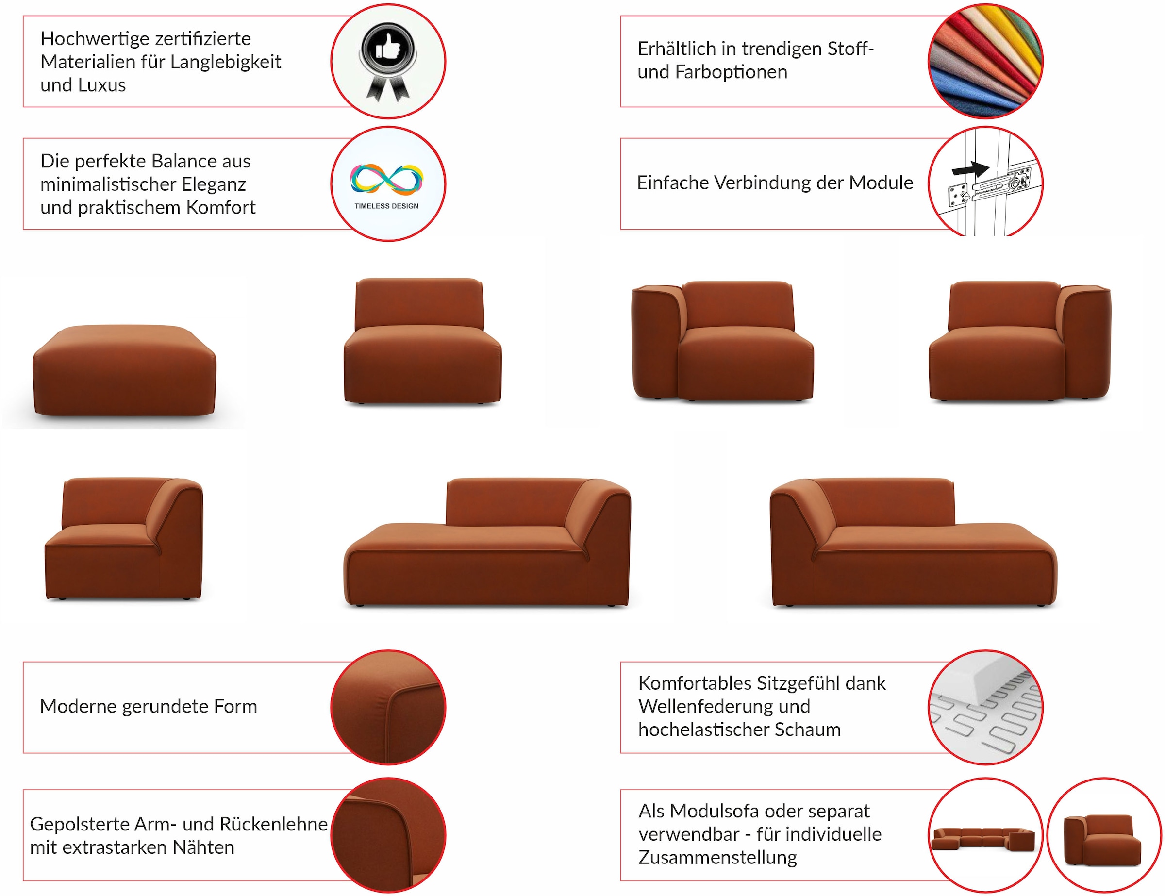 RAUM.ID Sessel »Merid Sofa-Eckelement, Masse B/T/H: 109/97/46 cm«, als Modul oder separat verwendbar, für individuelle Zusammenstellung