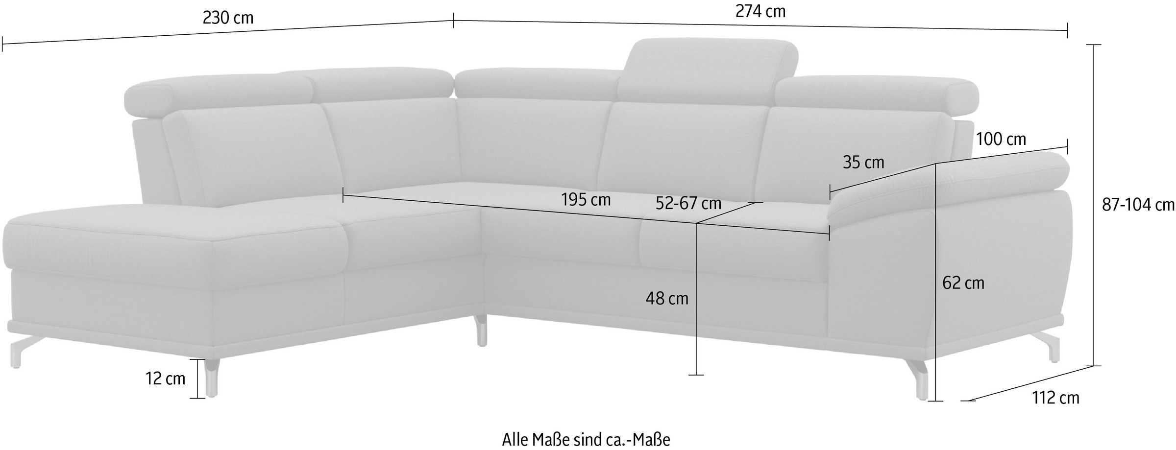 sit&more Ecksofa »Cabrio L-Form, B: 274 cm, mit Sitztiefen-, Arm- & Kopfteilverstellung« 3 Nierenkissen, Federkern, optional Bettfunktion und Stauraum