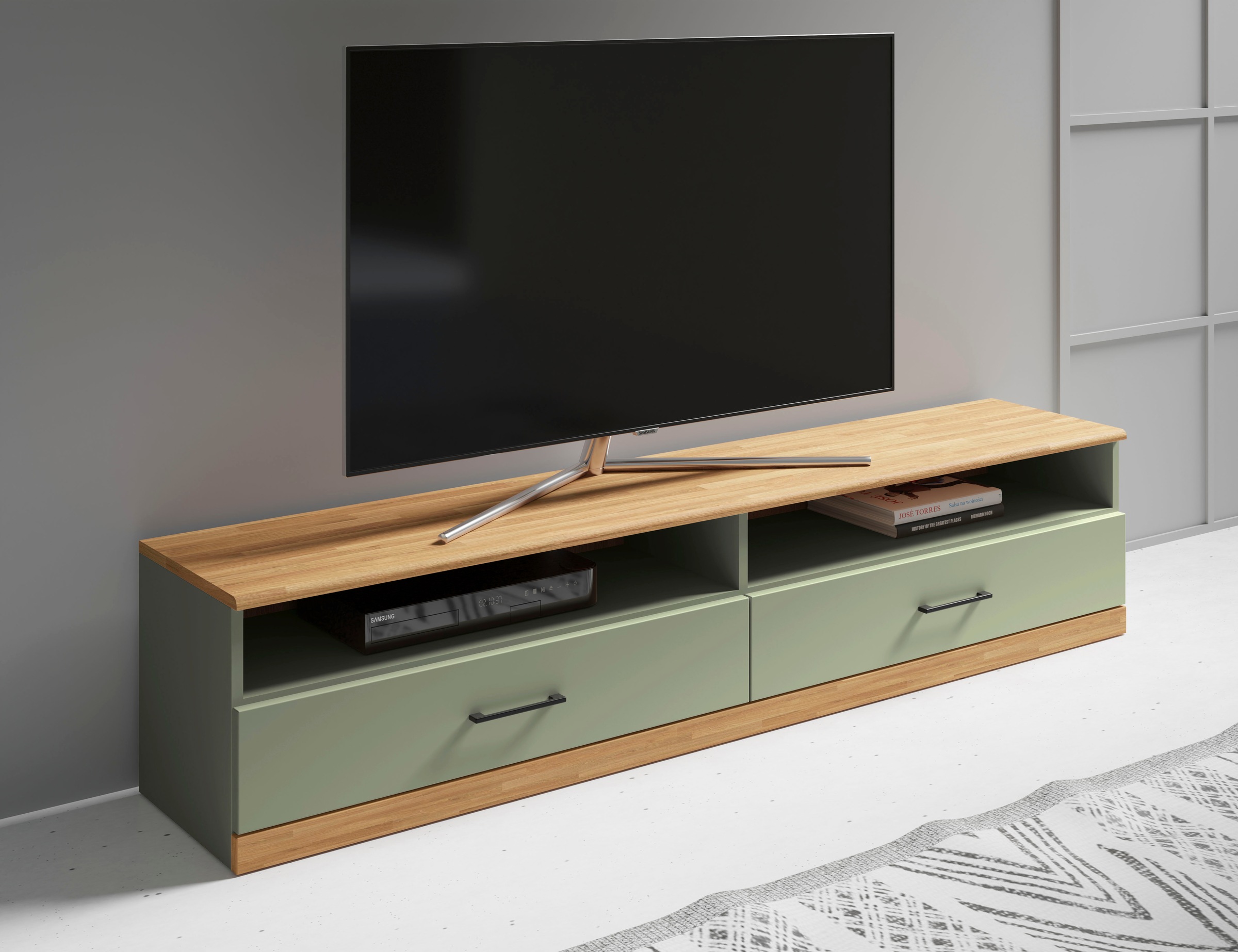 Image of GOODproduct Lowboard "Ribe,140cm breit,38cm hoch mit 2 Klappen,Oberplatte aus Massivholz" Eiche massiv,Melamin in Salbeigrün,schwarze Metall Griffe