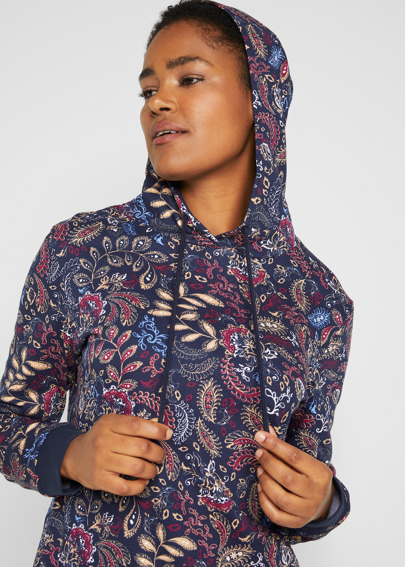 Image of bonprix Sweatkleid mit Kapuze, aus Baumwolle, lockere Passform, mit Tunnelzug