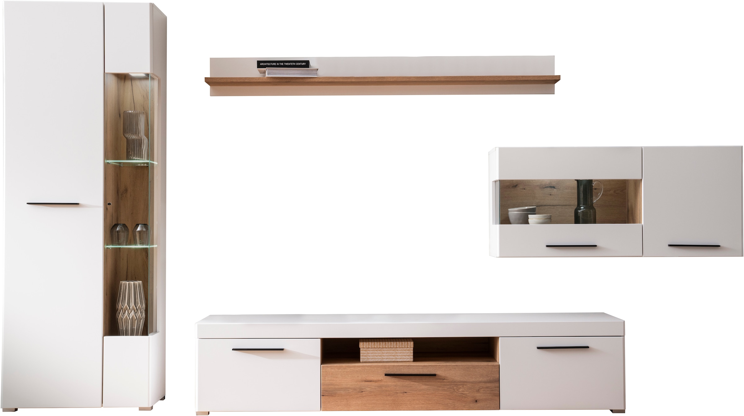INOSIGN Wohnwand »Salerno, moderne Anbauwand, Wohnzimmer-Set, Weiss mit Eiche Evoke Dekor«, (Set, 4 St.), enthält Hängevitrine, Vitrine, Lowboard + Wandboard, Metallgriffe