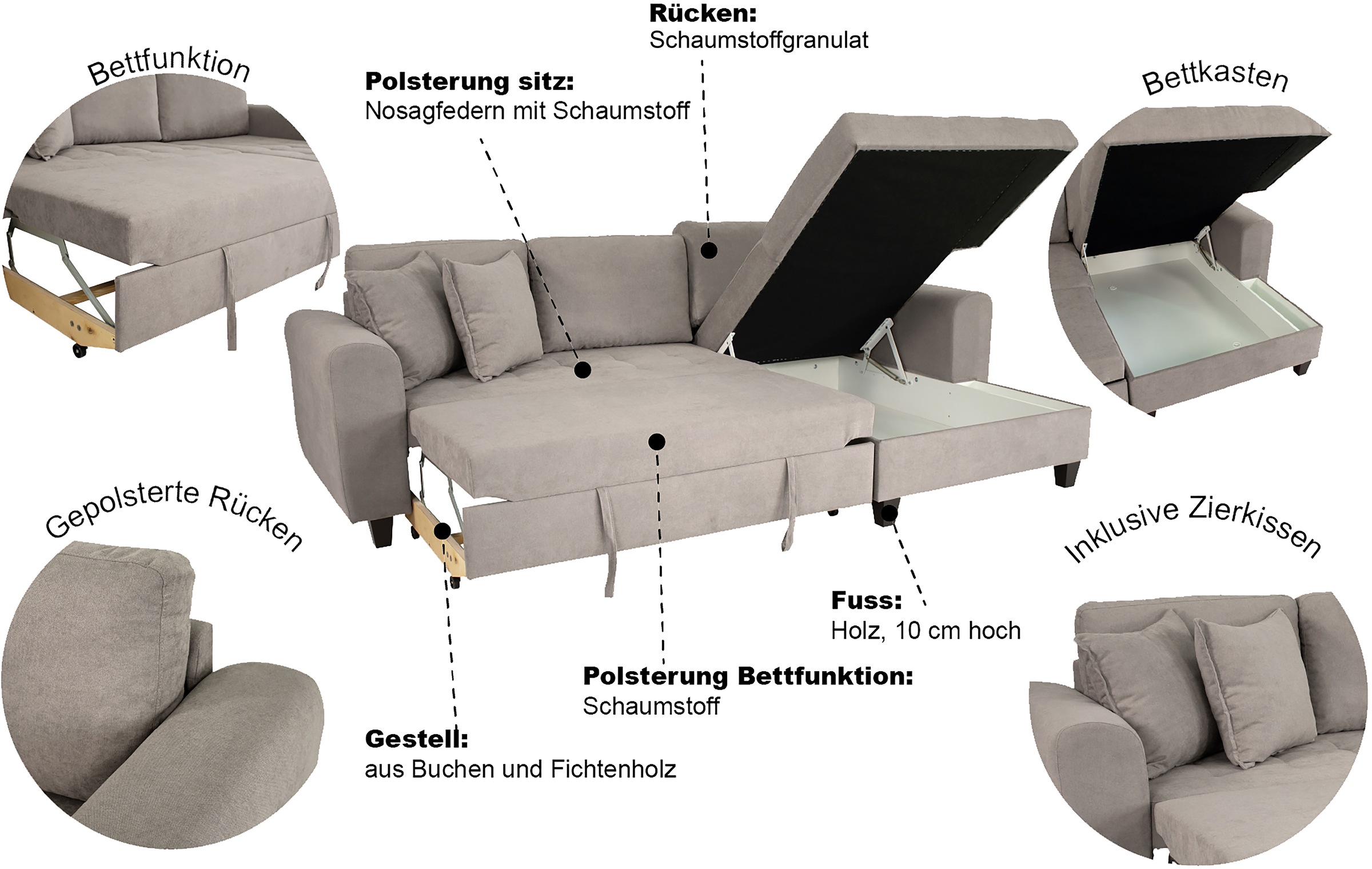 Trends by HG Canapé d'angle »Moritz L-Form, B: 265 cm« mit Bettfunktion, Bettkasten & Zierkissen