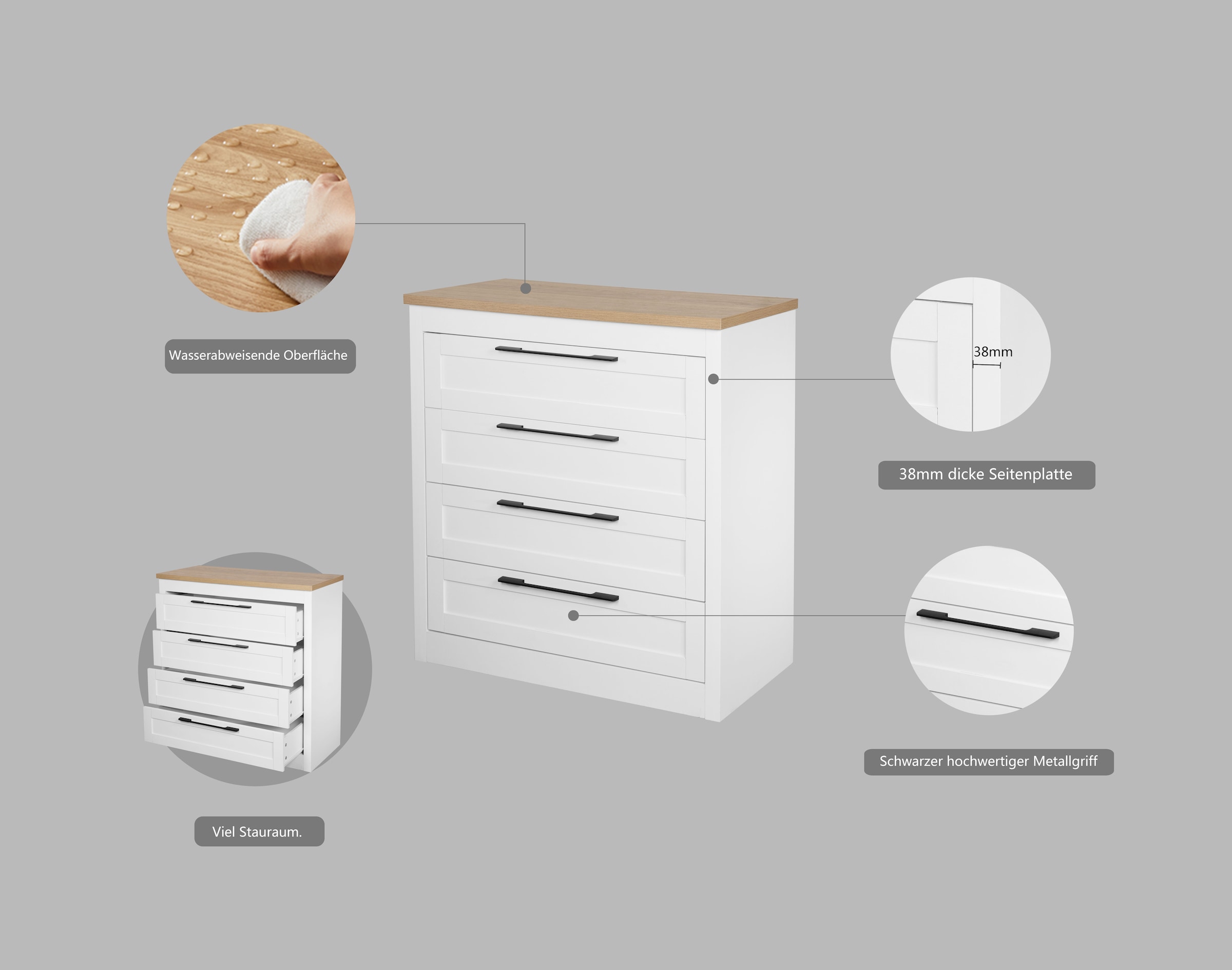 GOODproduct Schubkastenkommode »Büsum Schlafzimmer Schrank Wäscheschrank« Sideboard mit 4 Schubladen im Landhaus Design Bestseller