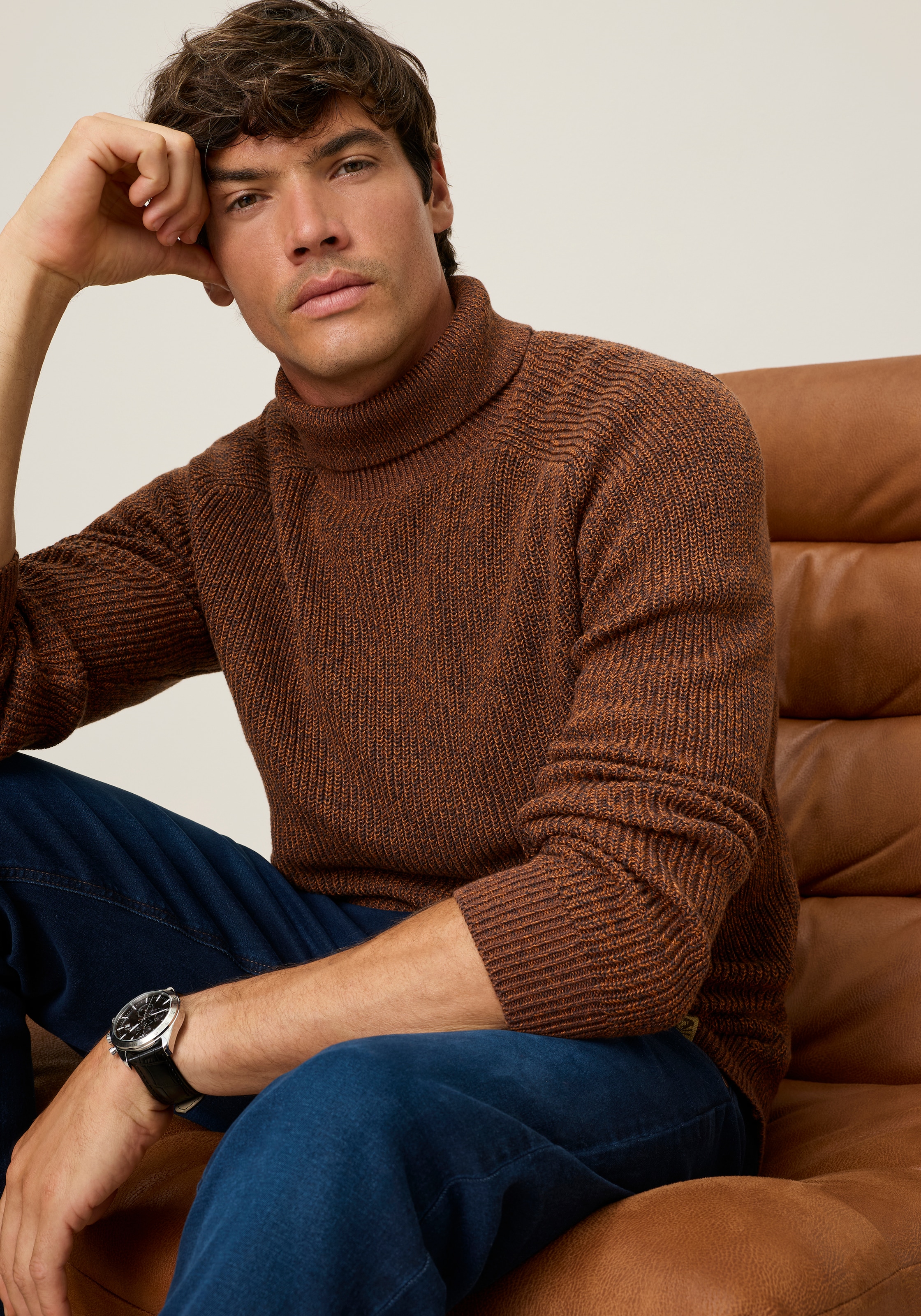 Man's World Pull à col roulé »Neue Kollektion! Melange Effektgarn« manches longues avec manches raglan, en coton, col roulé