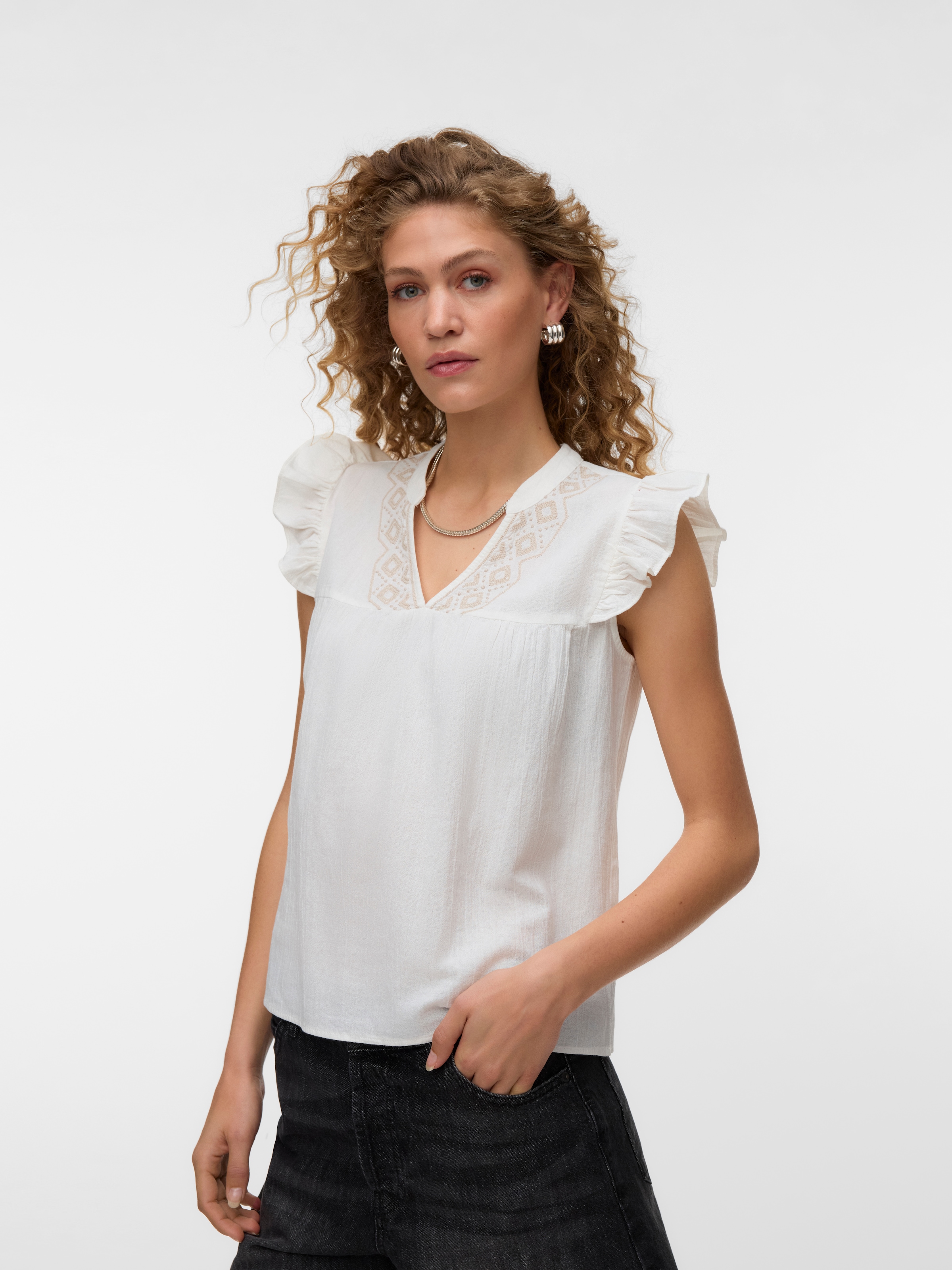 Image of Vero Moda Rüschentop "VMDICTHE EMB SL V-NECK TOP WVN GA" Baumwolle, regular fit