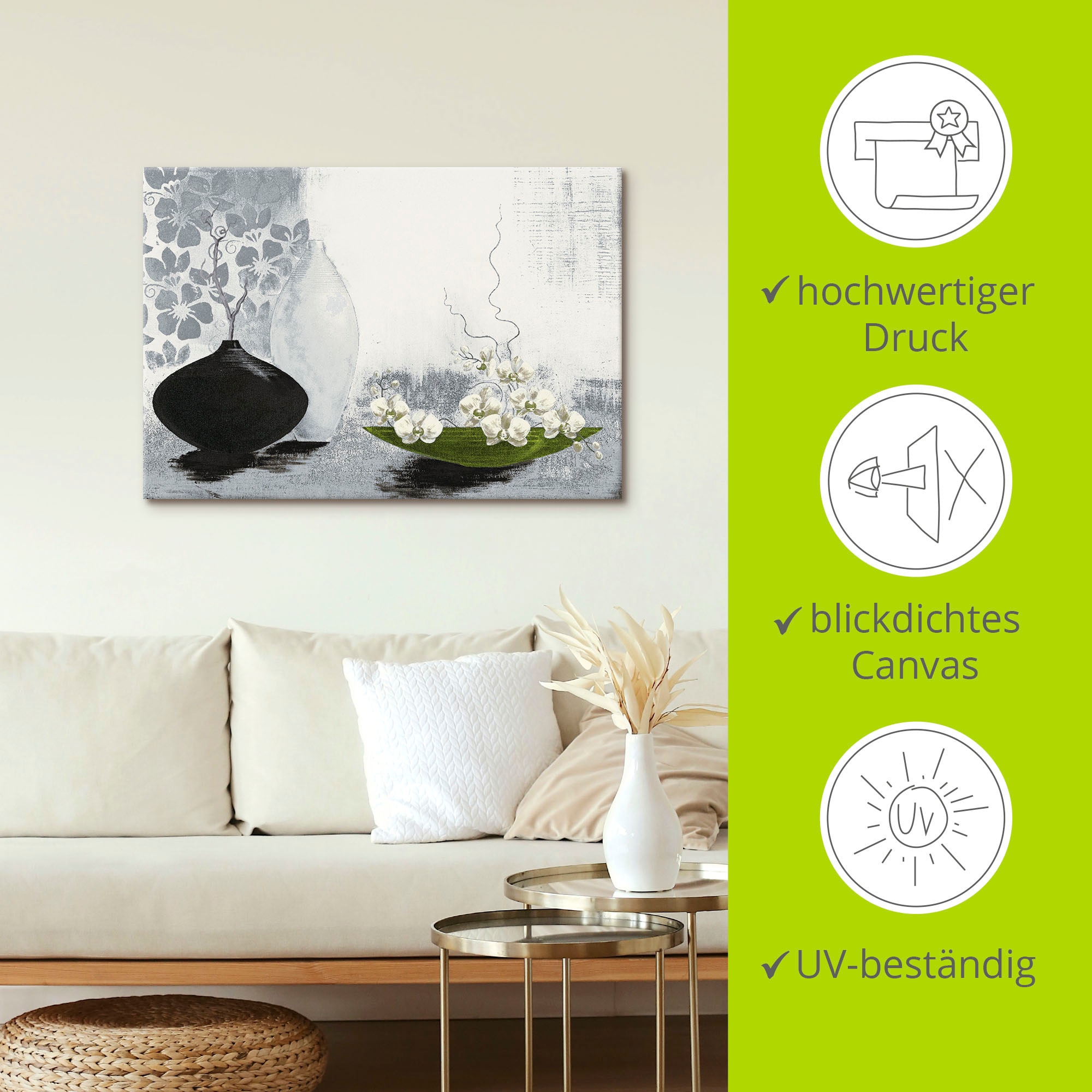 Artland Wandbild »Modernes bauchiges Gefäss mit Orchideen«, Vasen & Töpfe, (1 St.), als Leinwandbild, Poster in verschied. Grössen