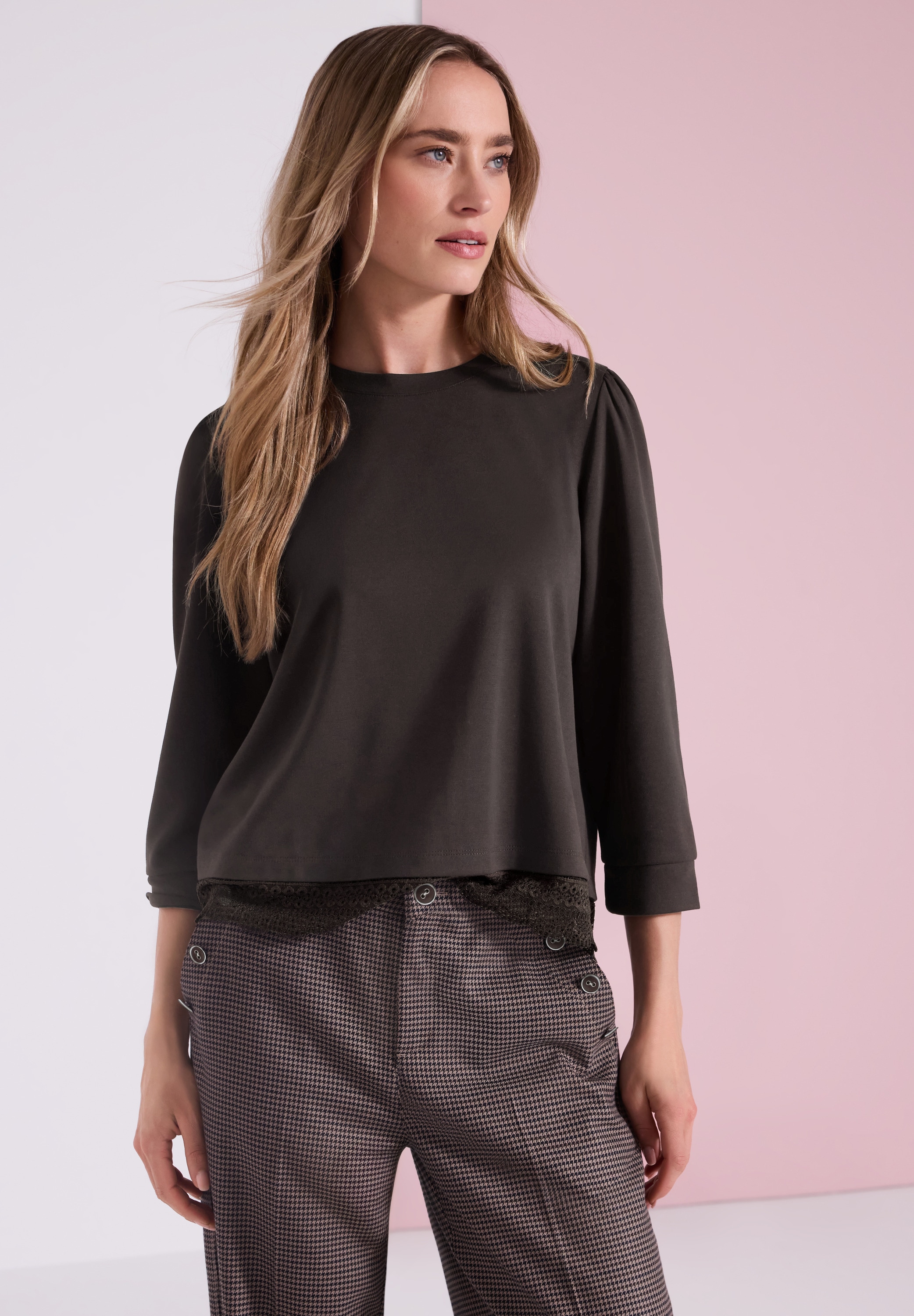 STREET ONE 3/4-Arm-Shirt mit Spitzenkante am Saum / mit Stretch