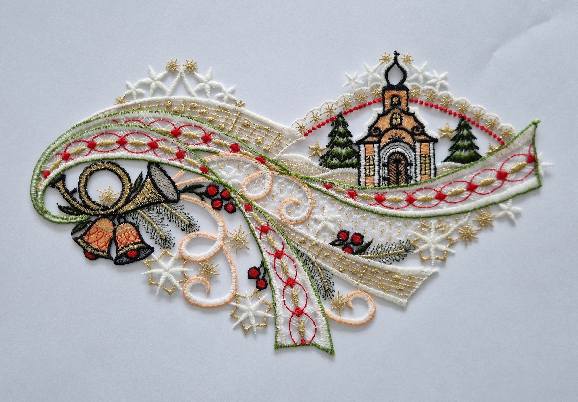 Image of Stickereien Plauen Fensterbild "Fensterbild Kirche mit Glocken" echte Plauener Stickerei