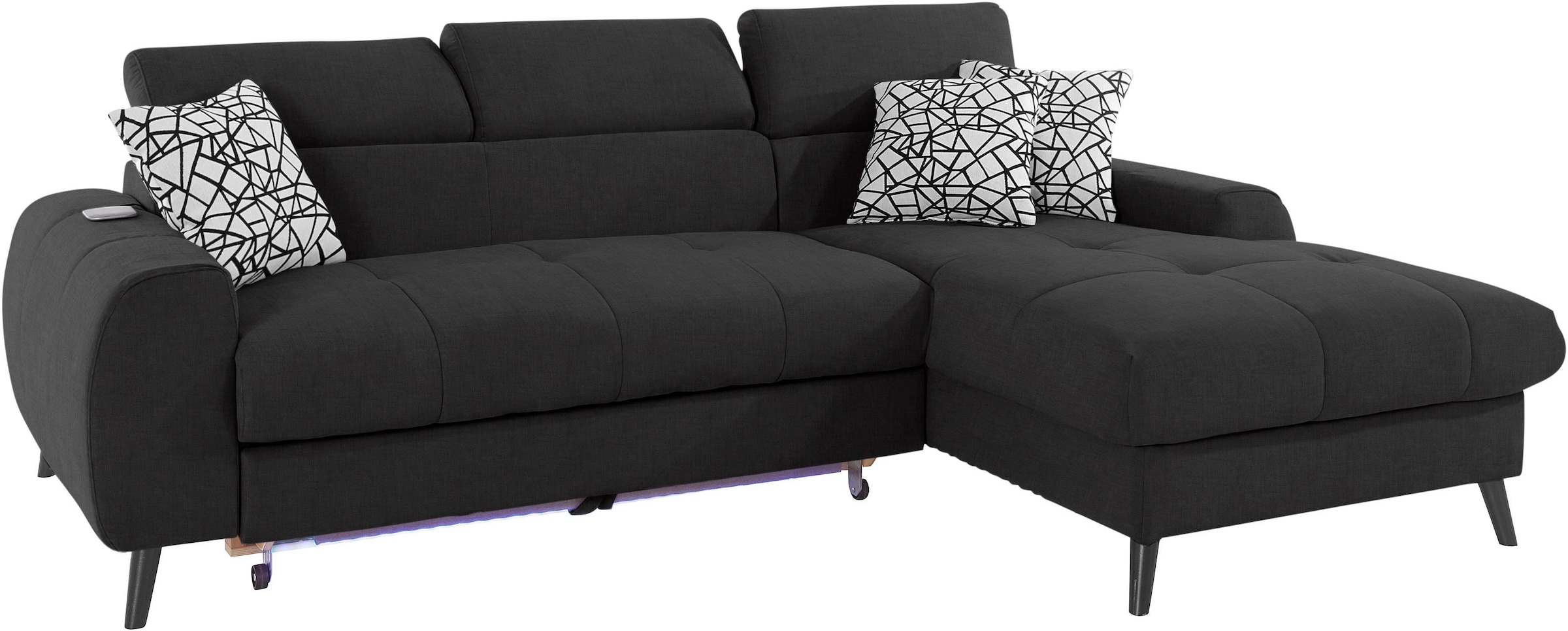 COTTA Ecksofa »Mia L-Form mit 3 Zierkissen«, wahlweise mit Bettfunktion, Bettkasten, Beleuchtung & Wireless-Charger