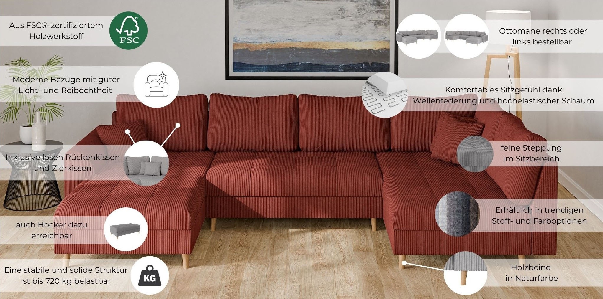 Home affaire Paysage de salon »CHARRE U-Form mit Ottomane, Masse B/T/H: 310/161/81 cm« feine Steppung, lose Rücken- und Zierkissen, auch in Cord und Bouclé