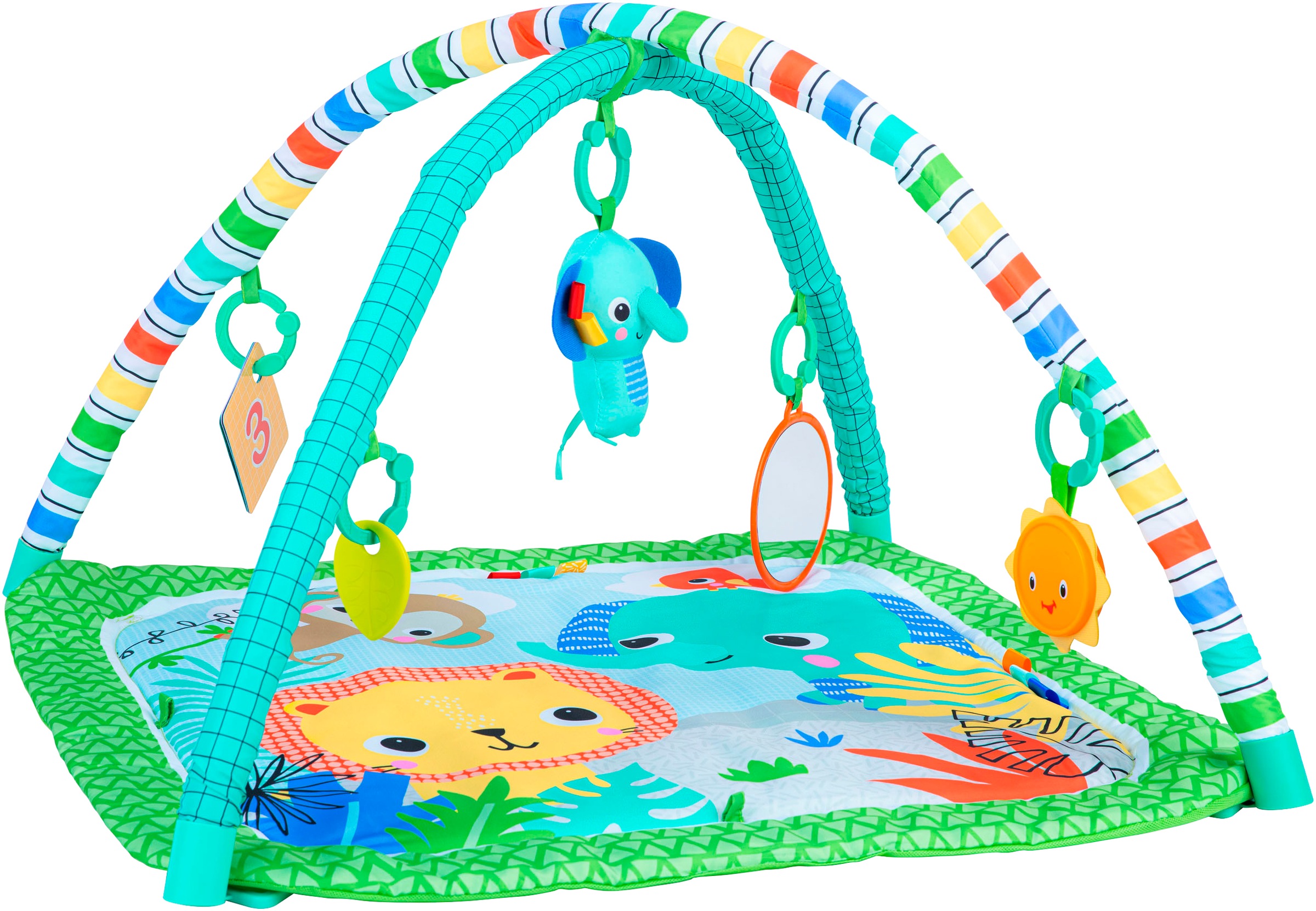 Bright Starts Tappeto Ginnico Per Neonati Evolutivo Pieghevole - Giungla Verde - Arco Con Giocattoli Sensoriali E Musicali, Specchio