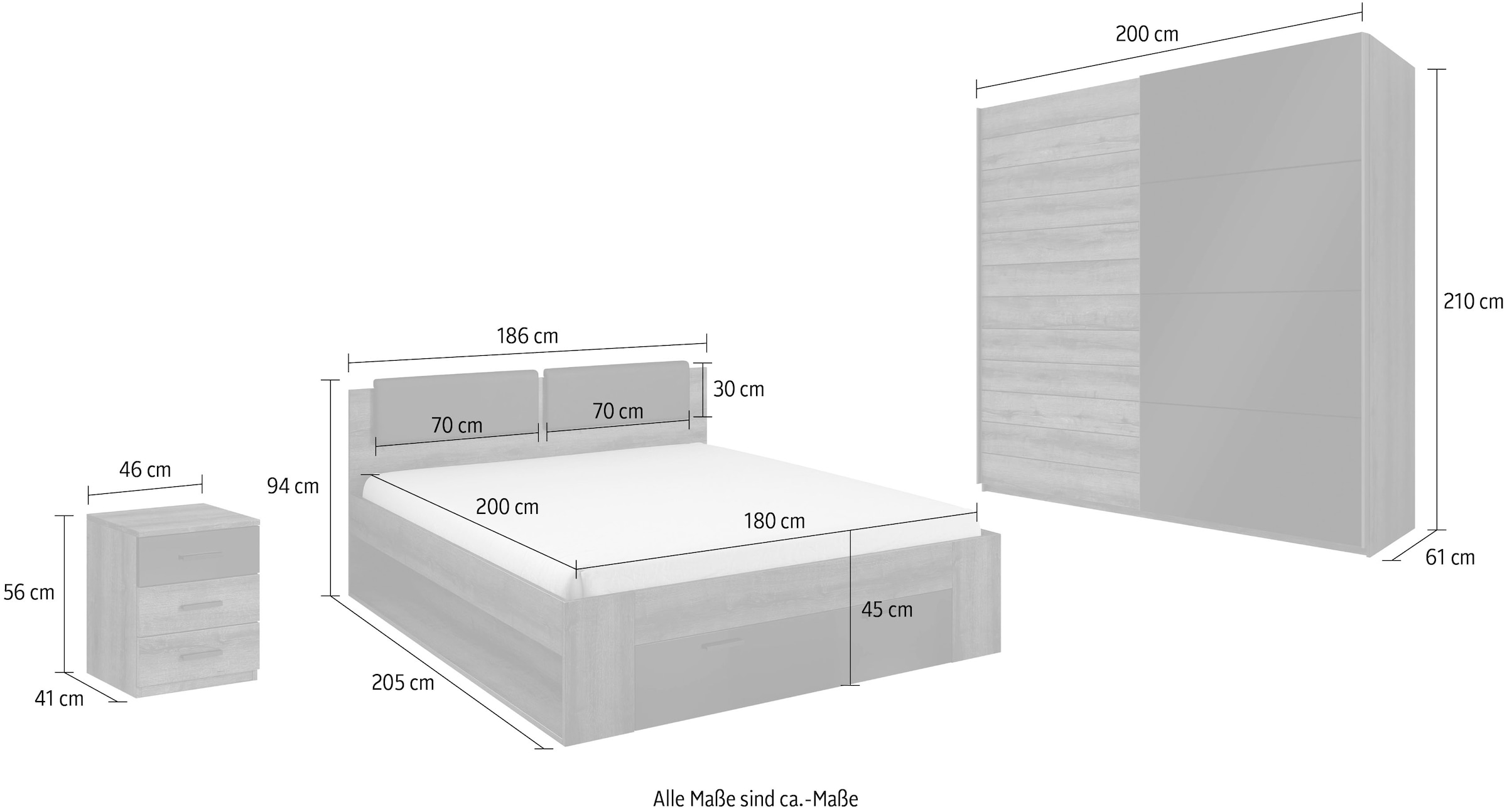 Helvetia Schlafzimmer-Set »Galaxy«, (4 St.), Bett mit gepolsterten Kopfteilen und Stauraumschublade