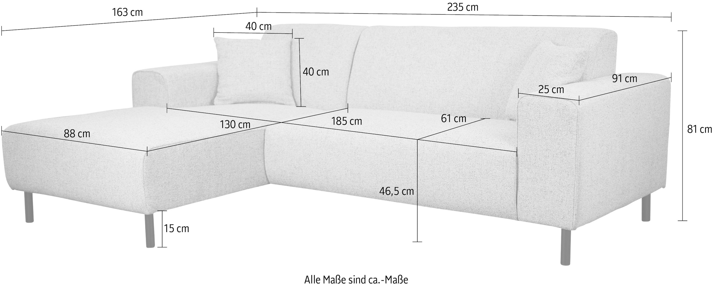 Home affaire Ecksofa »ARROS L-Form mit Wellenunterfederung, Masse B/T/H: 235/163/81 cm«, incl. Zierkissen, mit Recamiere rechts/links bestellbar, auch in Cord