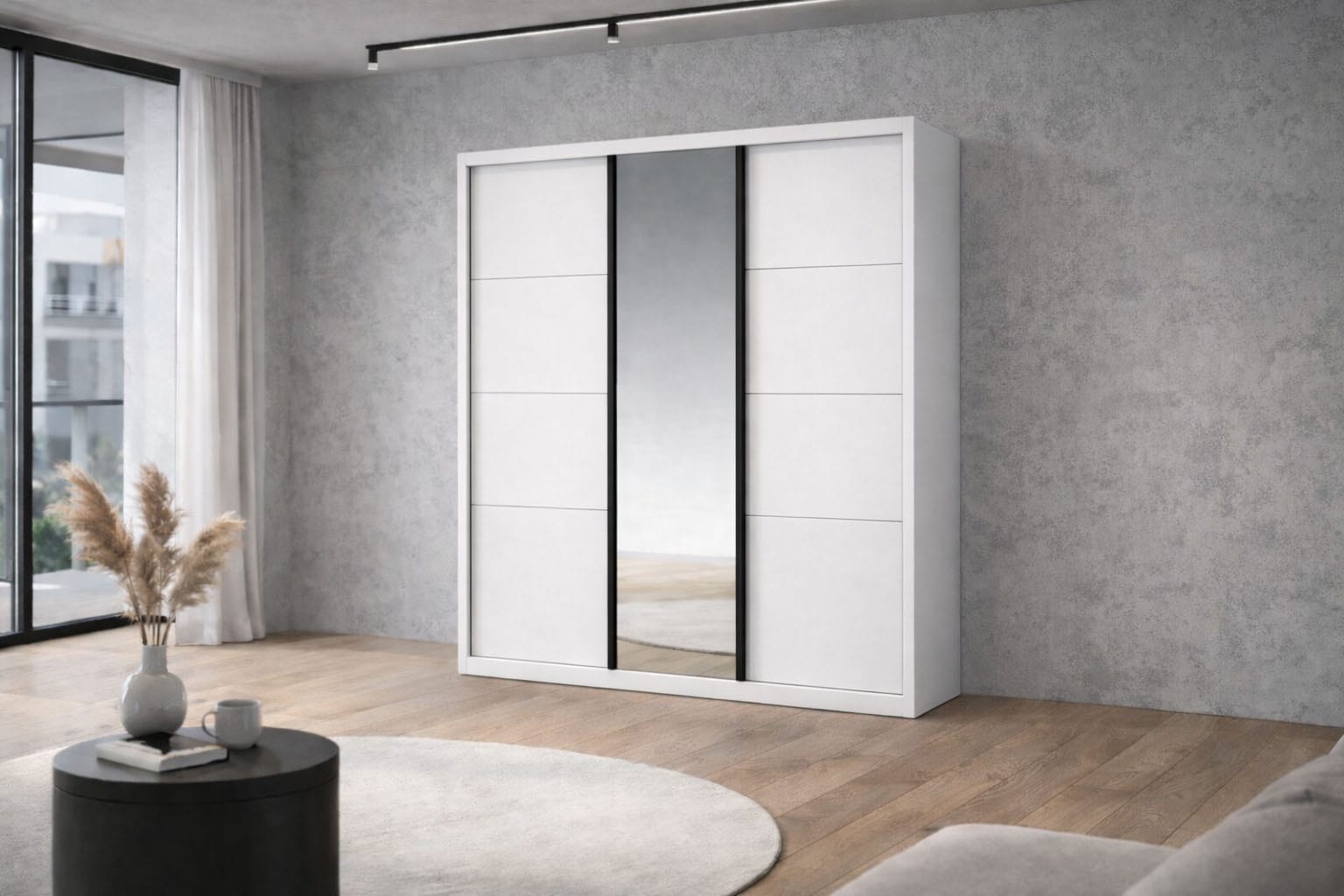 GOODproduct Schwebetürenschrank »Tonara Schrank, Kleiderschrank 2,00m Breite, Schiebetürenschrank« Schrank mit leichtgängiger Schiebetür, in 4 Farben , Top Ausstattung,  inklusive Spiegeltür, 2 Kleiderstangen, 4 Schubkastenauszügen