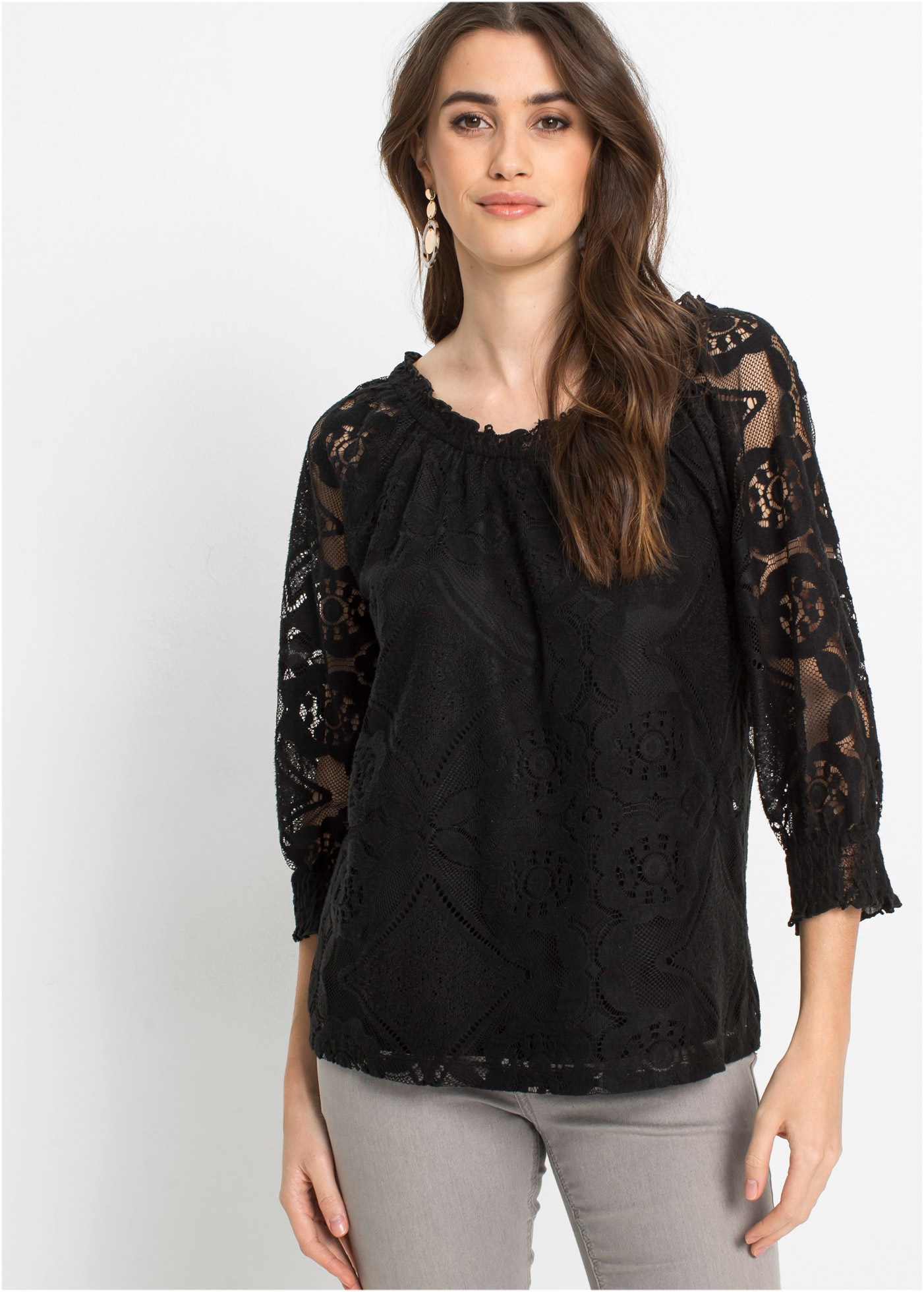 Image of bonprix Carmenshirt bequeme Passform, 3/4-Ärmel, mit Spitze im Lagen-Look