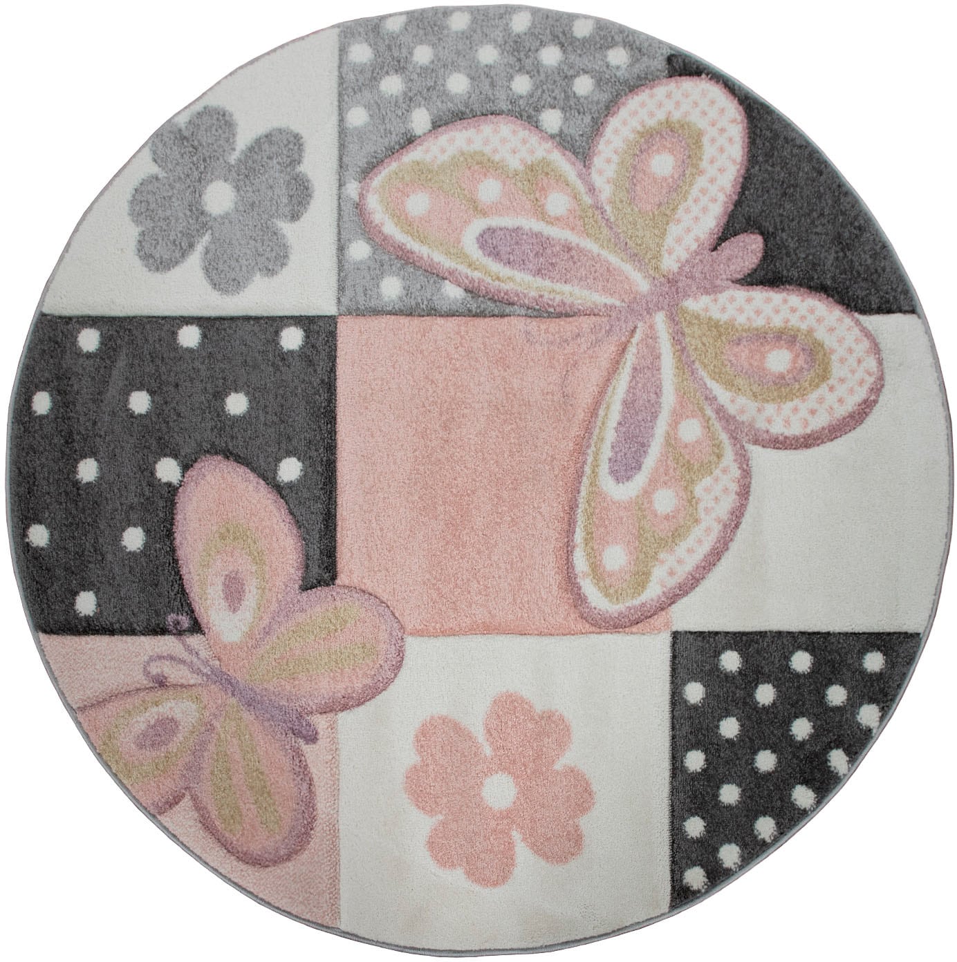 Image of Paco Home Kinderteppich "Cosmo 220" rund 18 mm Höhe 3D-Design, Patchwork Muster, niedliches Motiv Schmetterlinge & Punkte