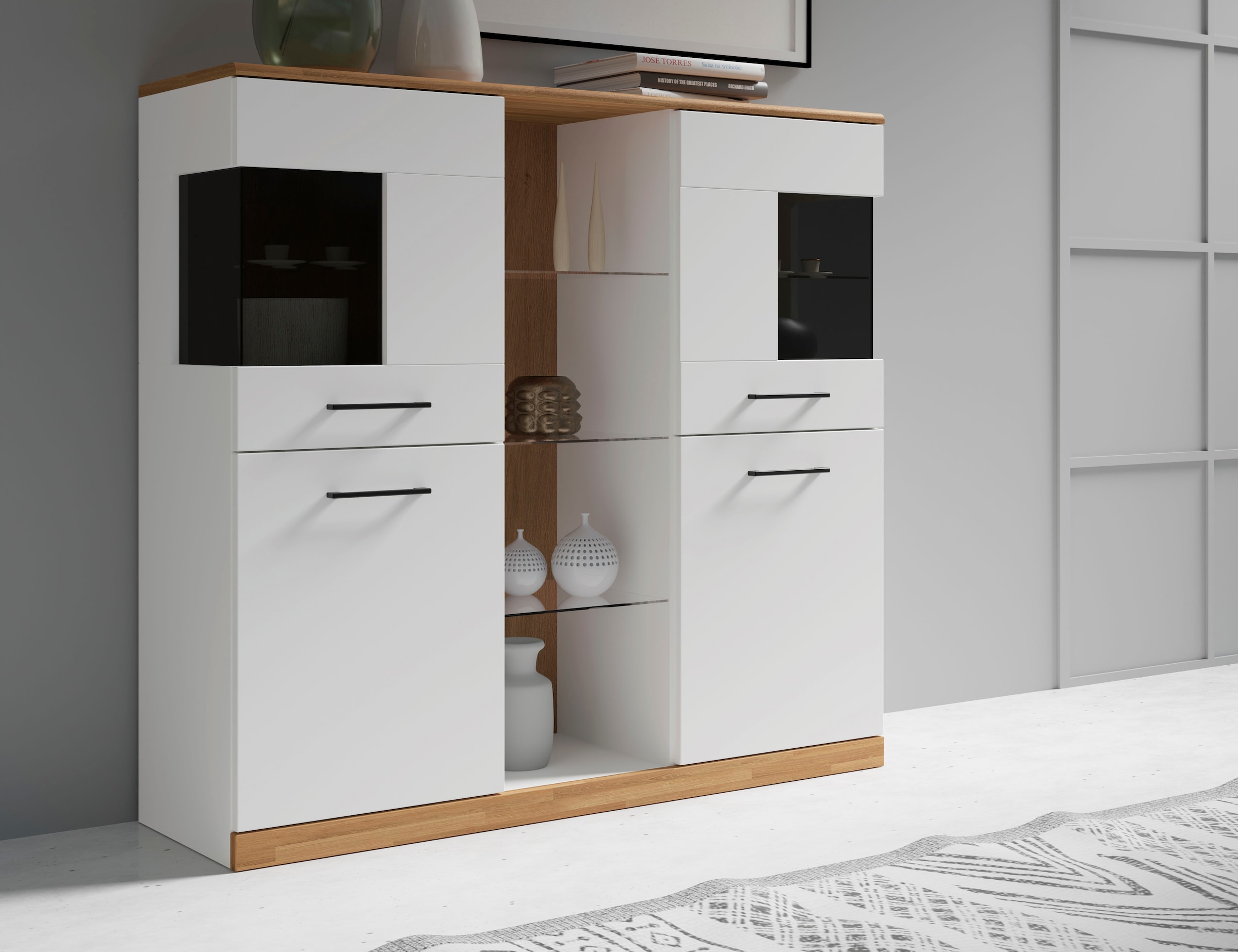 Home affaire Highboard »Ribe,120cm breit,112cm hoch,12 Fächer«, Oberplatte Massivholz,schwarze Metall Griffe,2 Türen mit Glaseinsatz