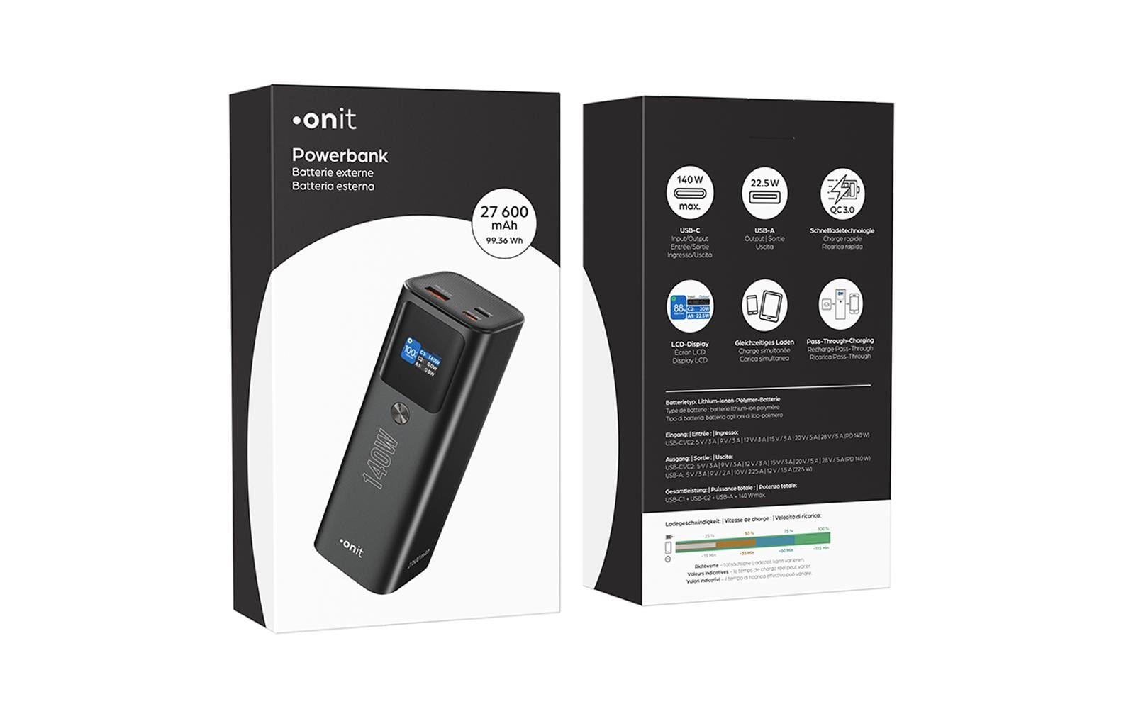 onit Banque d'énergie »Pro Block 27600 mAh PD« 27.600 mAh powerbank puissante au design compact avec trois ports de charge