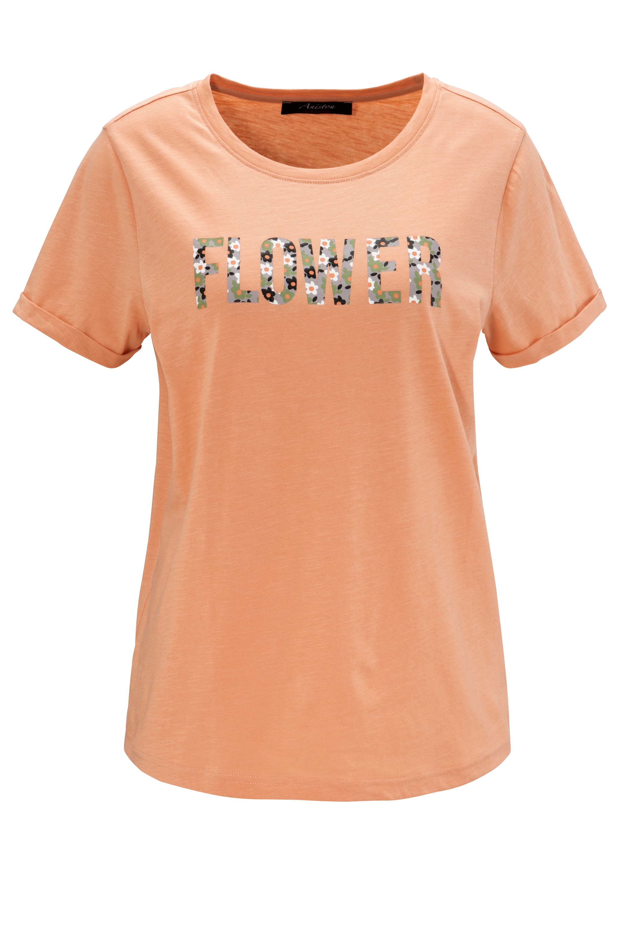 Aniston CASUAL T-Shirt, mit blumigem Schriftzug im Vorderteil