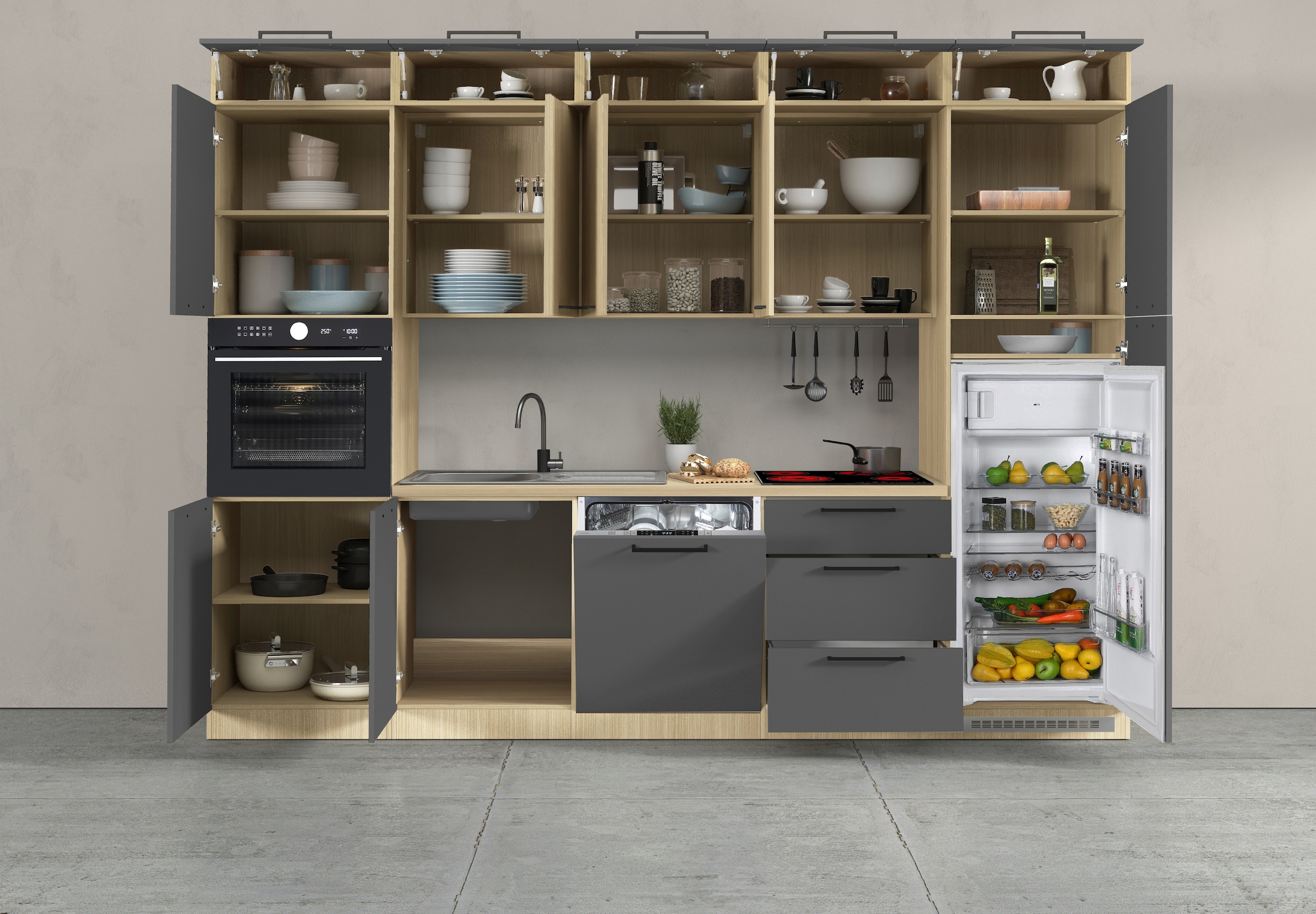 KOCHSTATION Kitchenette »Luna, Einbauküche, Zeilenküche, mit Soft-Close Funktion, Made in Italy« Breite 300 cm ohne E-Geräte, mit Spüle+Siphon und Aufsatz