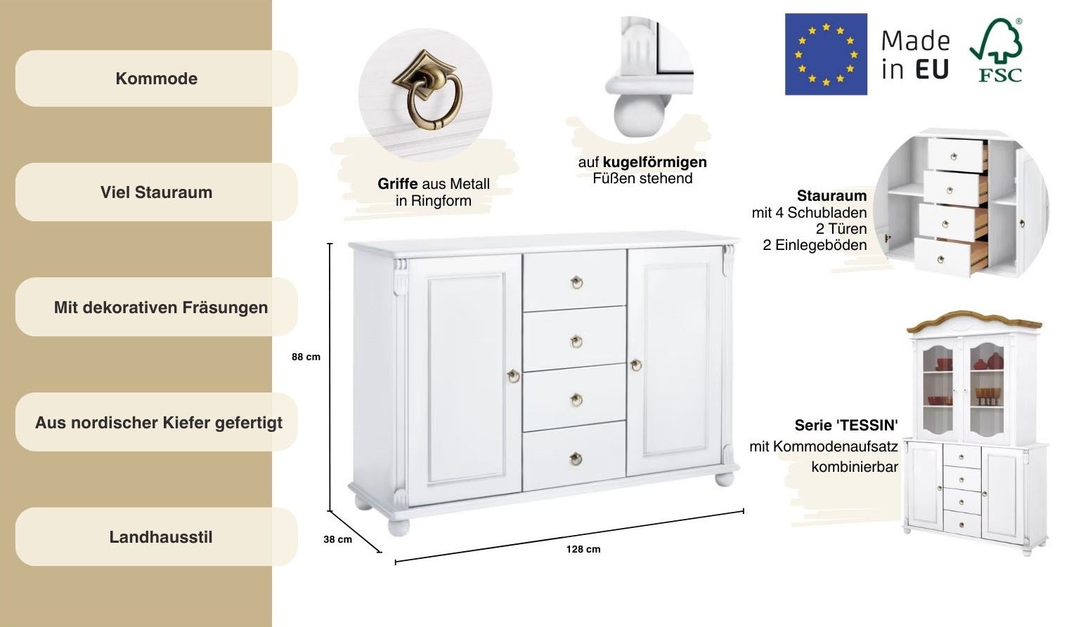 Home affaire Kombikommode »Tessin; Buffetunterschrank, klassischer Landhausstil«, aus massiver, FSC®-zertifizierter Kiefer, 128cm breit