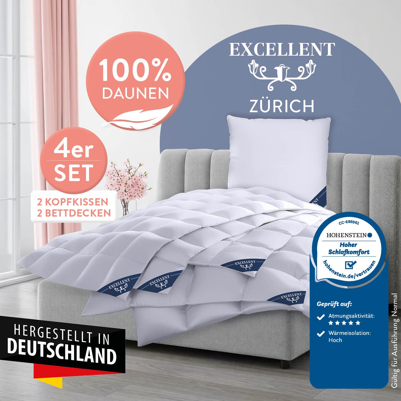 Image of Excellent Daunenbettdecke + Federkissen "Zürich, Bettdecke normal mit Bestnote "Hoher Schlafkomfort" bewertet." 4-tlg.Set 2x135x200 & 155x220 cm & 2xKissen 80x80 cm