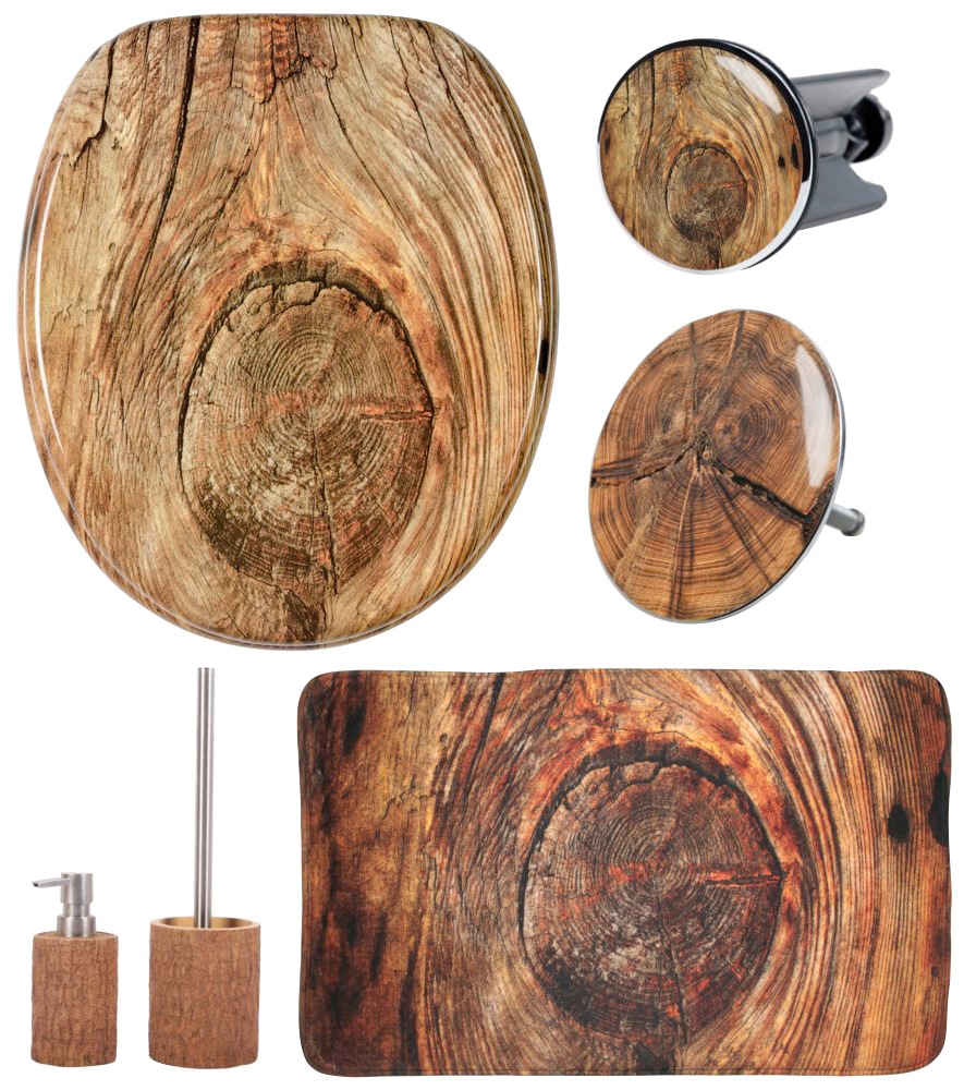 Image of Sanilo Badaccessoire-Set "Rustikal" bestehend aus WC-Sitz, Badteppich, Stöpsel, Seifenspender, WC-Bürste