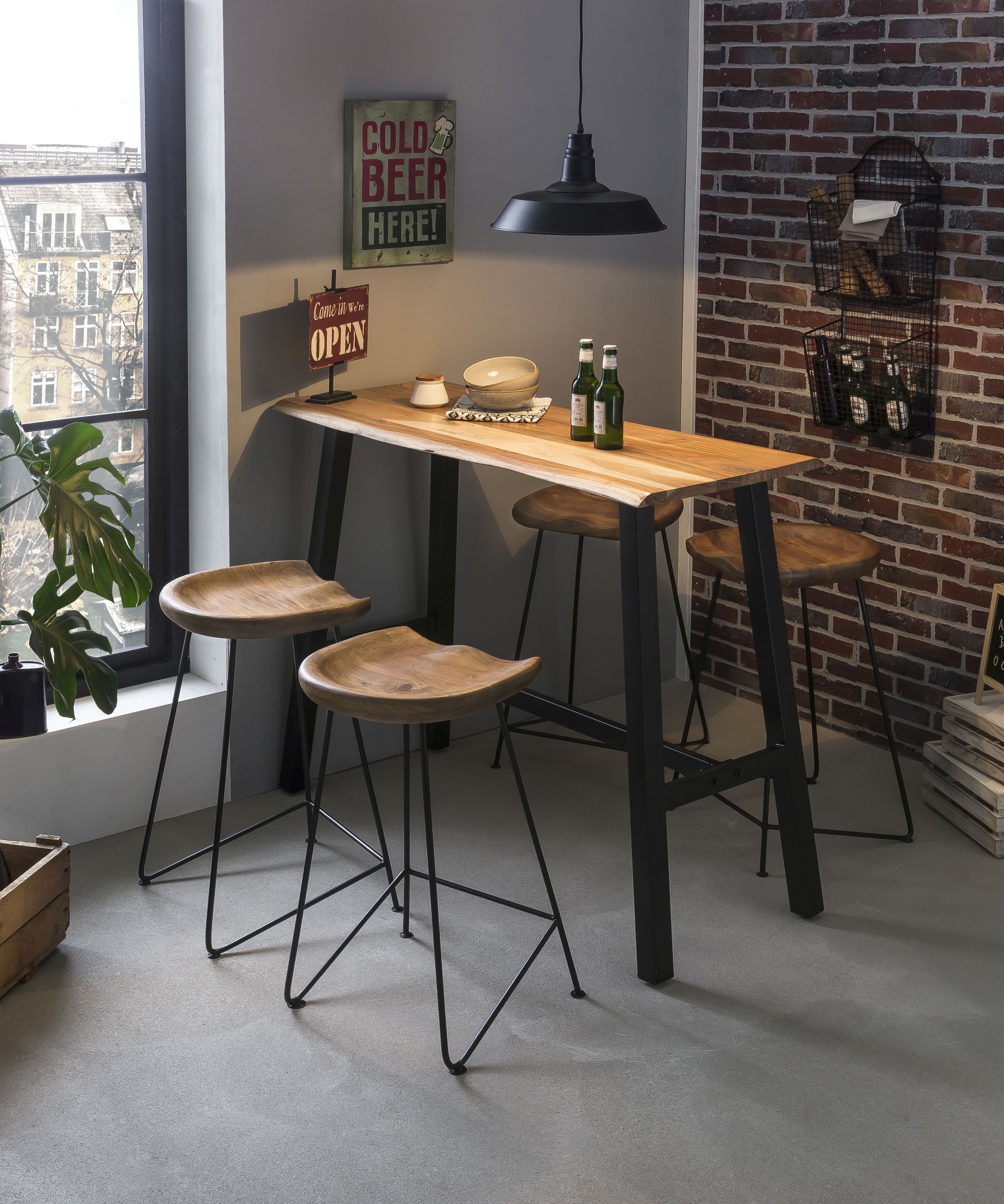 SIT Table de bar »Akazie Baumkante mit Stahlgestell antikschwarz« Bord naturel d'arbre en acacia massif à l'état naturel