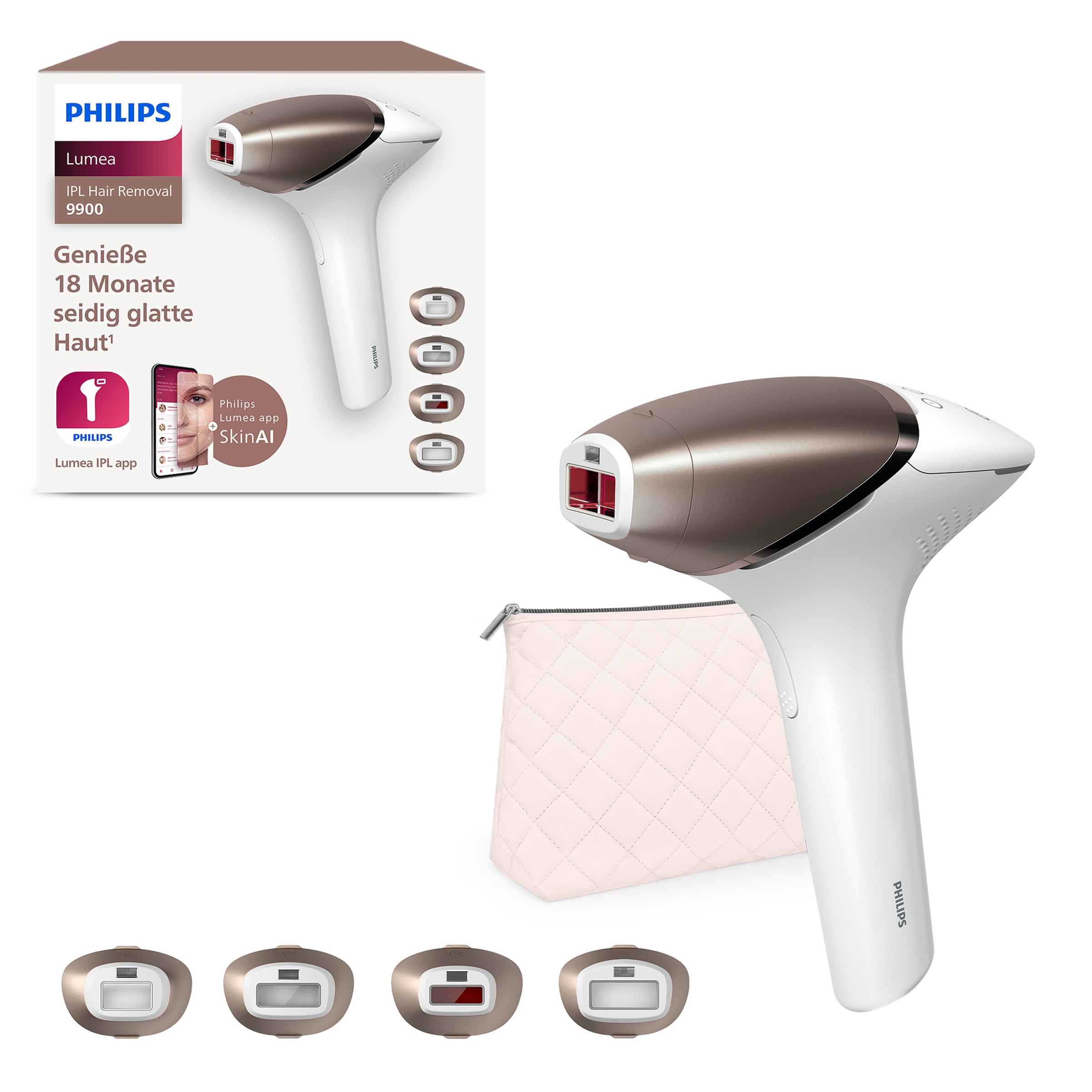 Image of Philips IPL-Haarentferner "Philips Lumea Series 9900 BRI951/01" 450.000 Lichtimpulse 4 Aufsätze (Achseln, Bikinizone, Körper, Gesicht), 2 SkinAI Funktionen