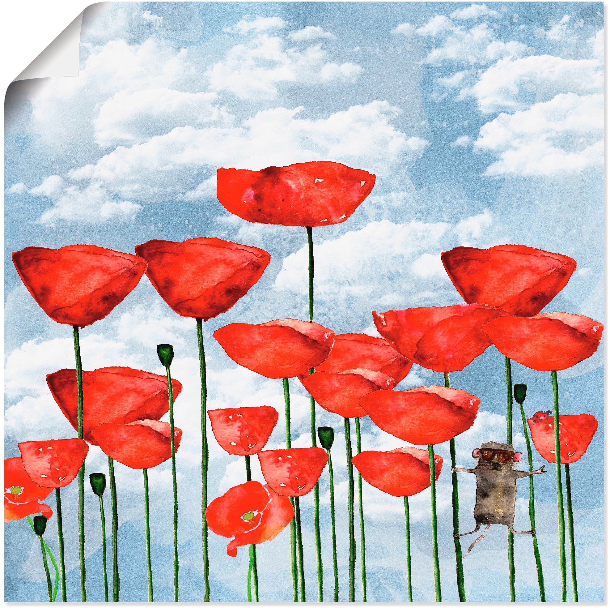 Artland Poster »Maus im Mohnfeld an einem bewölkten Tag«, Blumen, (1 St.), als Alubild, Leinwandbild, Wandaufkleber oder Poster in versch. Grössen
