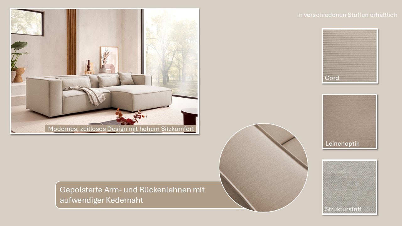 LeGer Home by Lena Gercke Ecksofa »PIARA mit Kedernaht in Cord oder Leinenoptik, moderne Couch in L-Form«, wahlweise Ottomane rechts/links, schwarze Füsse, bequemer Sitzkomfort