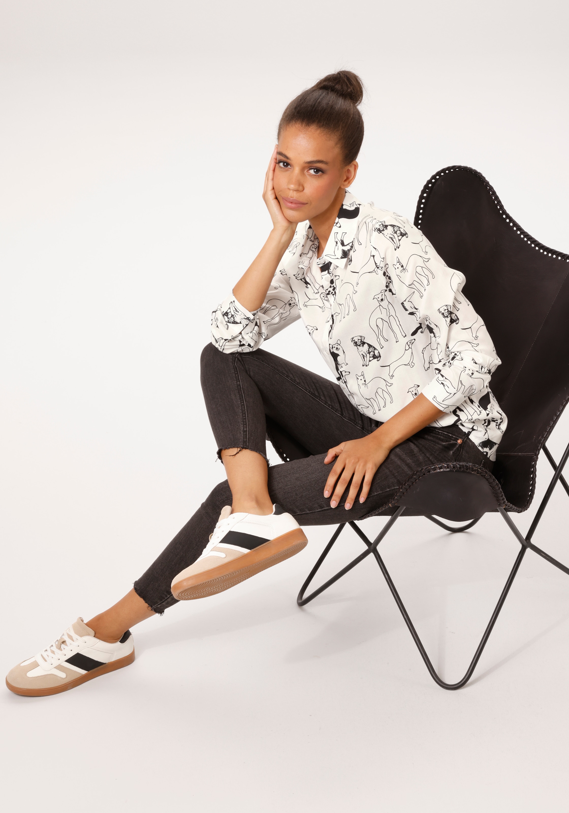 Aniston CASUAL Hemdbluse mit niedlichen Hunden bedruckt- jedes Teil ein Unikat- NEUE KOLLEKTION