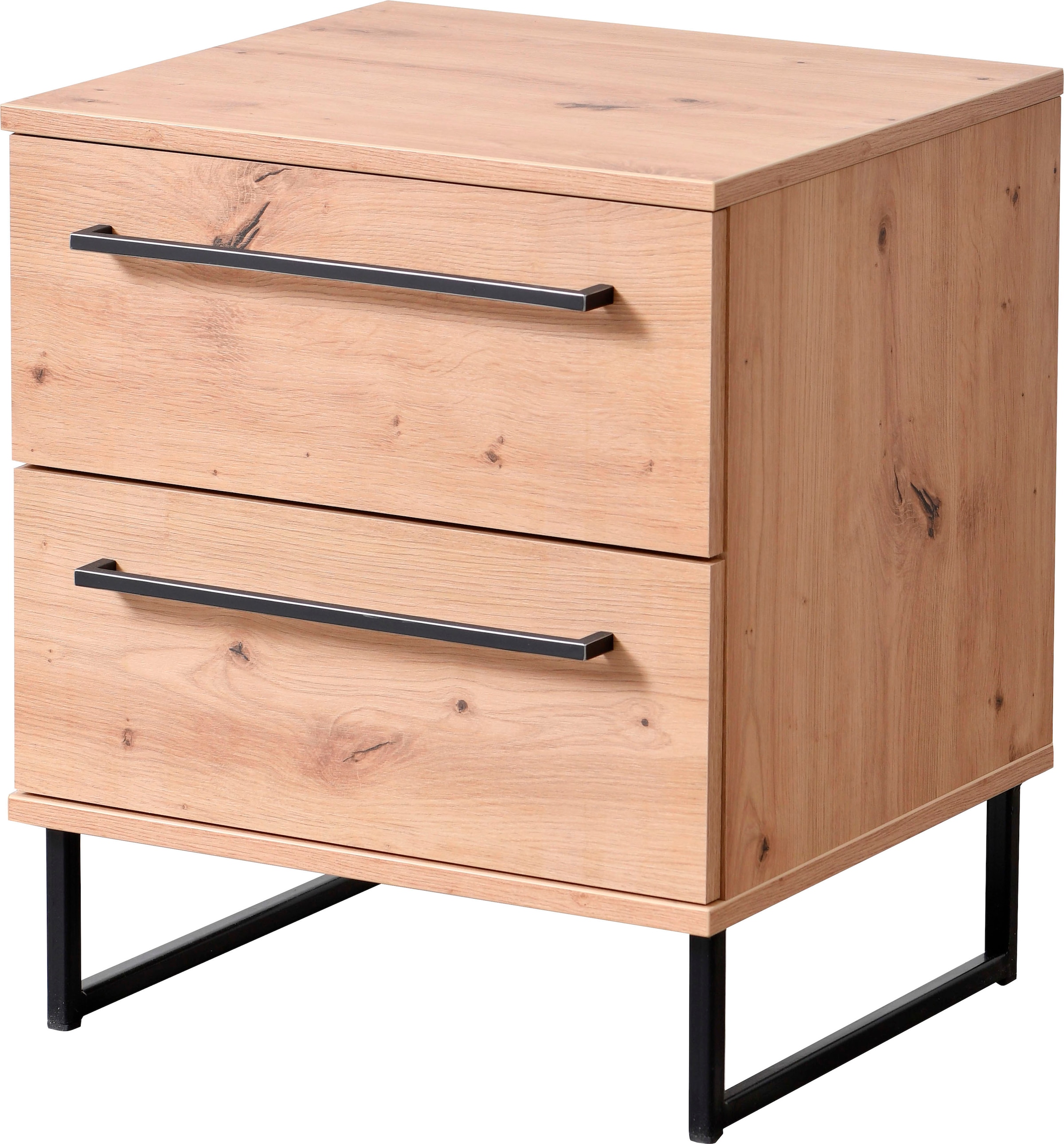 INOSIGN Nachtkommode »Sardinia, Nachtschrank, Masse (B/T/H): 45,5/35/54 cm«, (FSC-zertifizierter Holzwerkstoff), mit 2 Schubladen, Metallgriffe und Metallfüsse in Kufenform