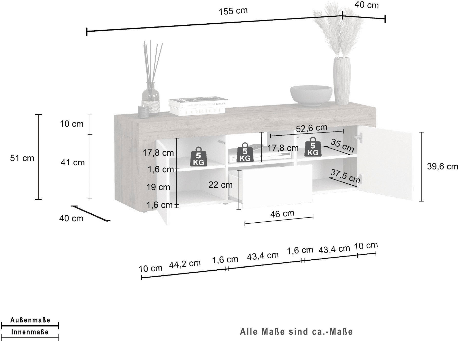 GOODproduct Table basse »CHRONOS Breite 155 cm mit 2 Türen, 1 Schublade,1 offenes Fach« 1 cuis tlg. TV-Board, Sideboard niedrig, Grifflos mit Push to Open 'Made in Italy'