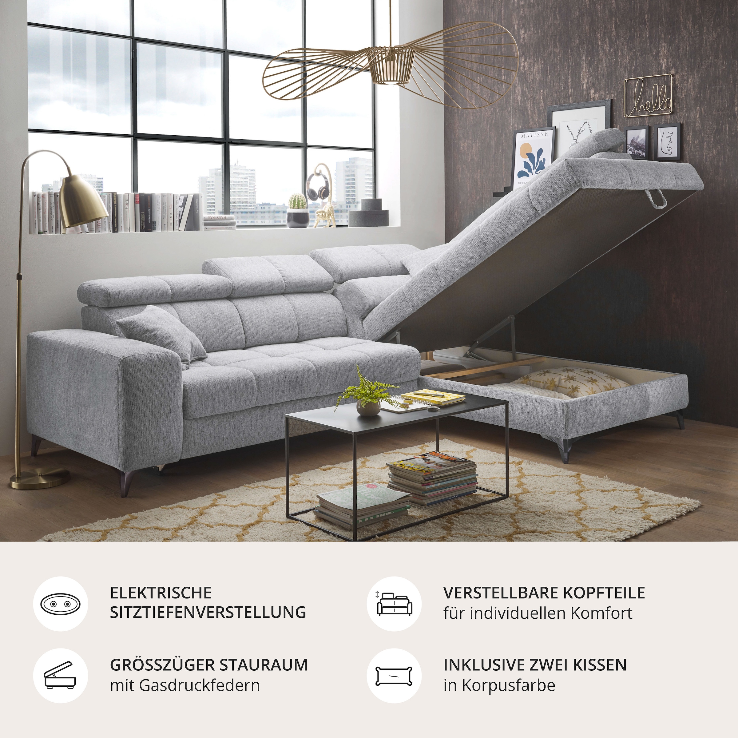 ED EXCITING DESIGN Canapé d'angle »Sydney L-Form« motorischer Sitztiefenverstellung, USB-Port & 2 Zierkissen