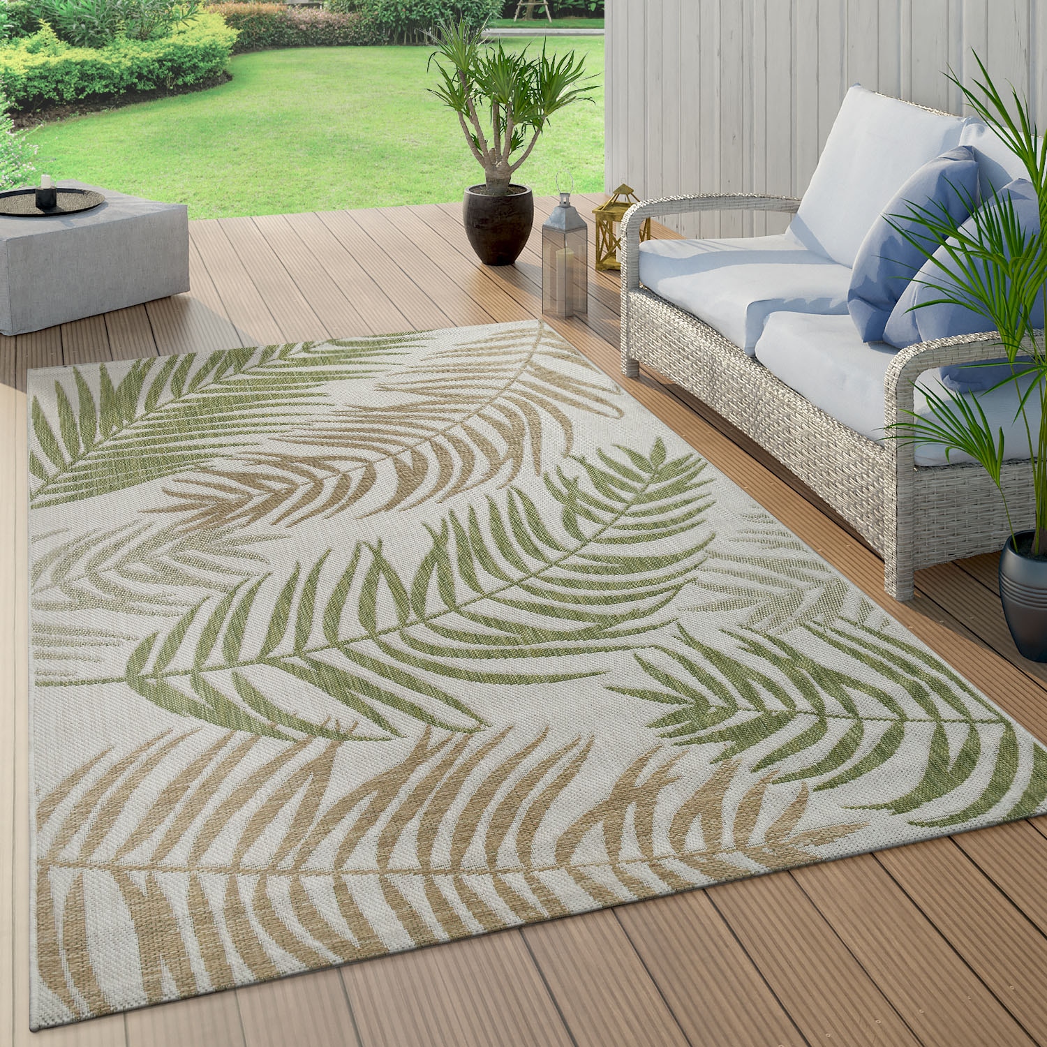 Paco Home Teppich »Kuba 123«, rechteckig, 4 mm Höhe, Flachgewebe, Motiv Blätter, In- und Outdoor geeignet, Wohnzimmer