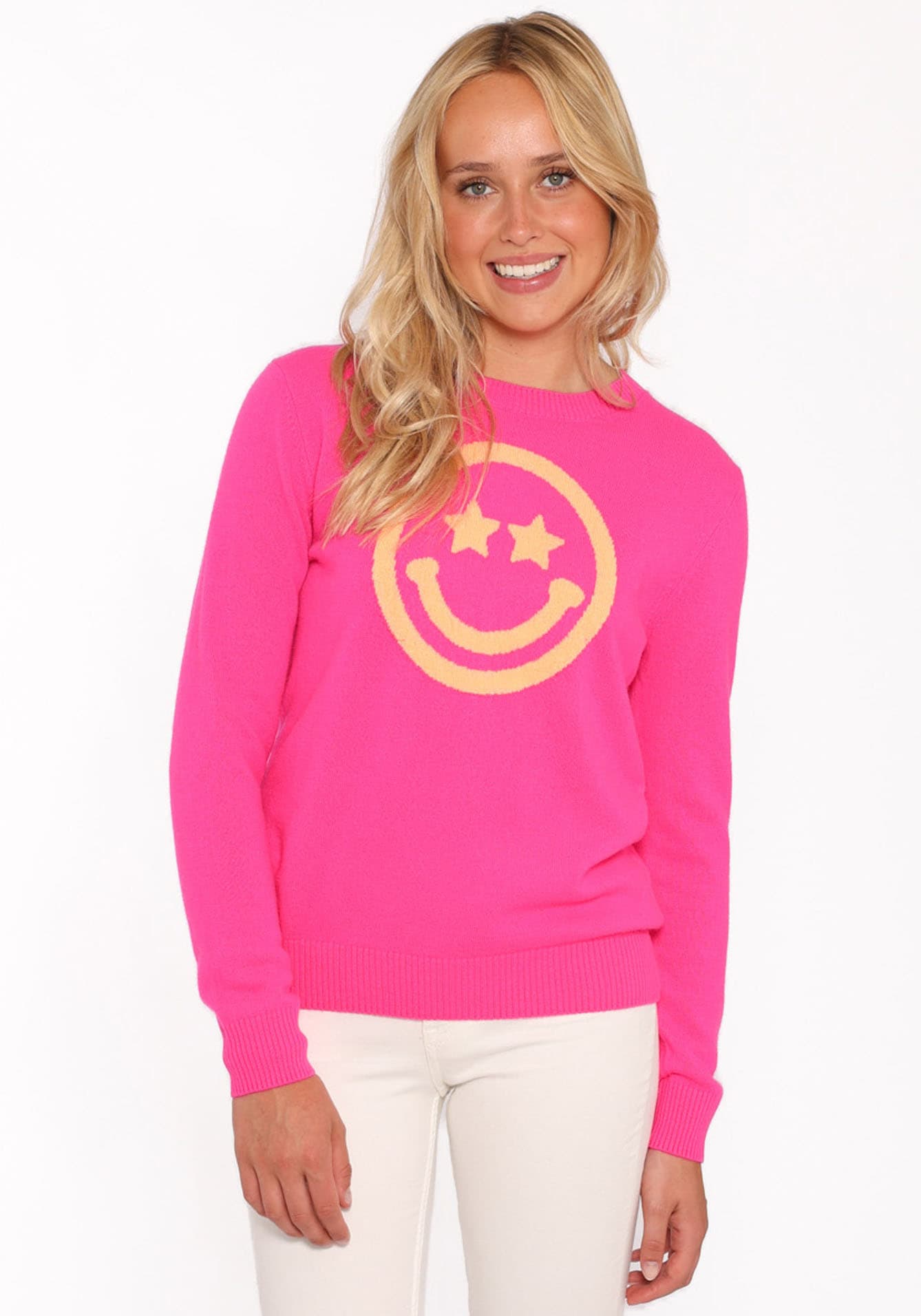 Image of Zwillingsherz Kaschmirpullover "Roundneck "Smiley Face"" Smiley, neonfarben, Langarm, Rundhalsausschnitt