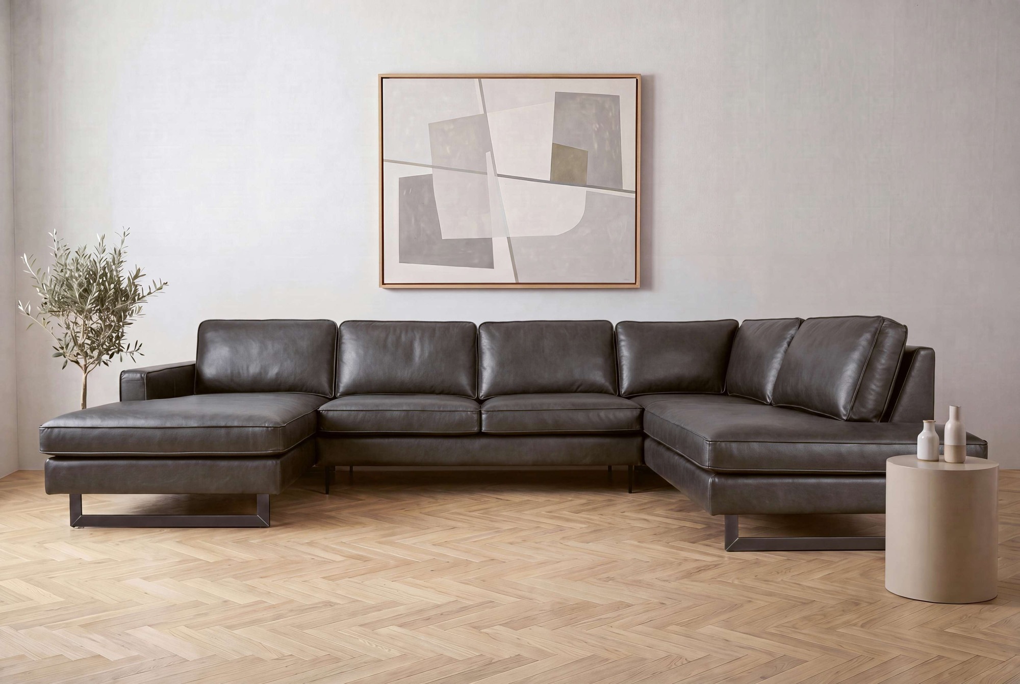 Image of GOODproduct Wohnlandschaft "Pinto, 350 cm, U-Form, XXL, mit Ottomanen" Cord, Chenille, Lederoptik, mit Keder, Metallfüsse, Wellenunterfederung