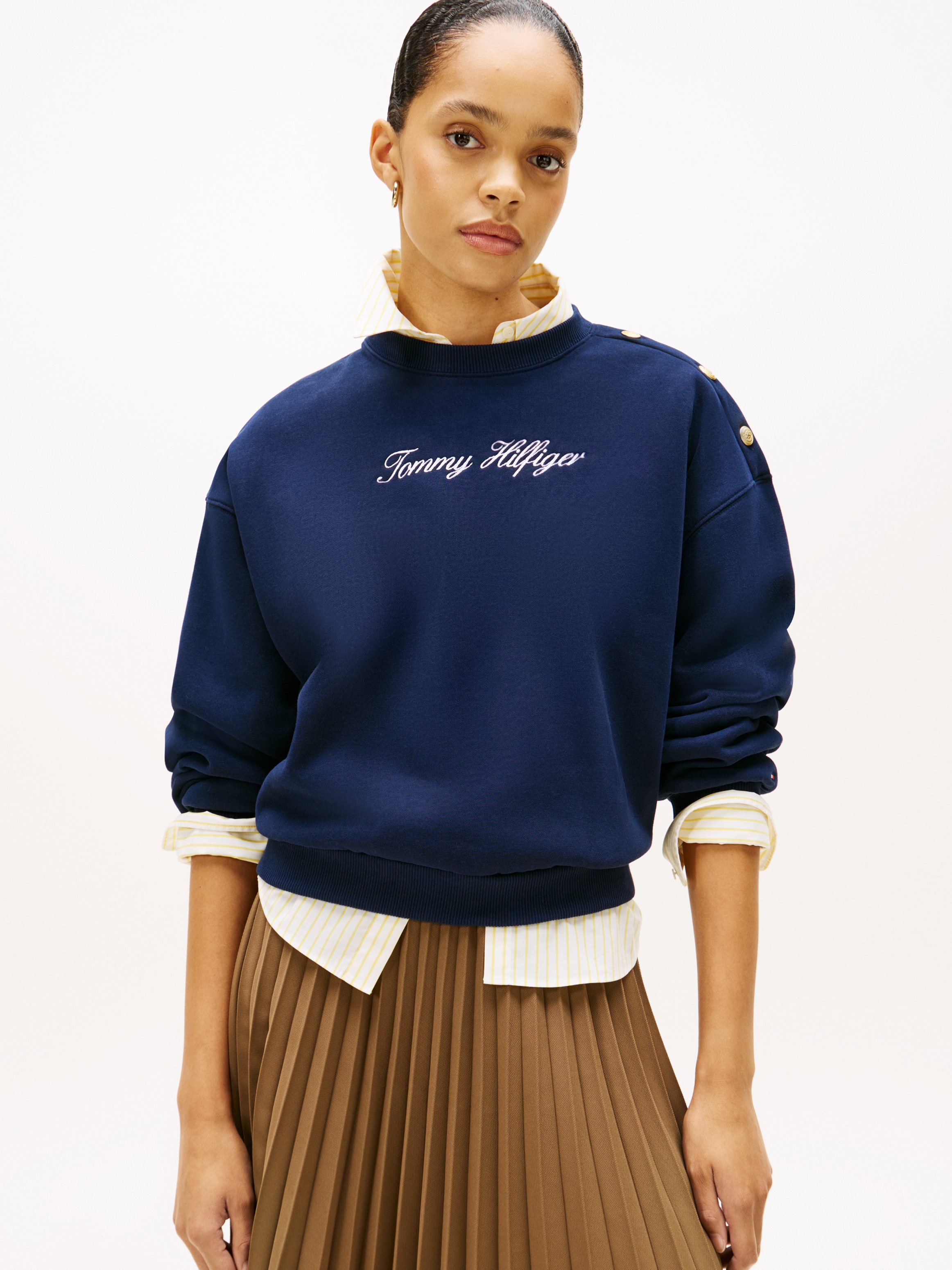 Image of Tommy Hilfiger Sweatshirt "GOLD BTN SCRIPT FLEECE SWTSRT", mit goldfarbenen Knöpfen