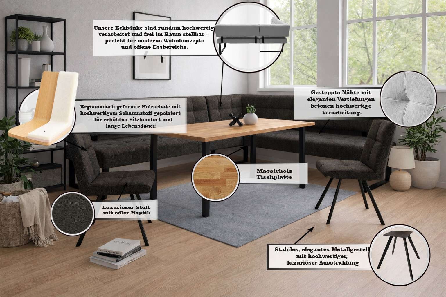 Home affaire Ensemble de bancs d'angle »Mia Essecke, Sitzgruppe, Eckbankgruppe, Küchenbankgruppe« Set, 4er, 4 tlg. Eckbank mit Wellenfederung; Tisch in Eiche massiv