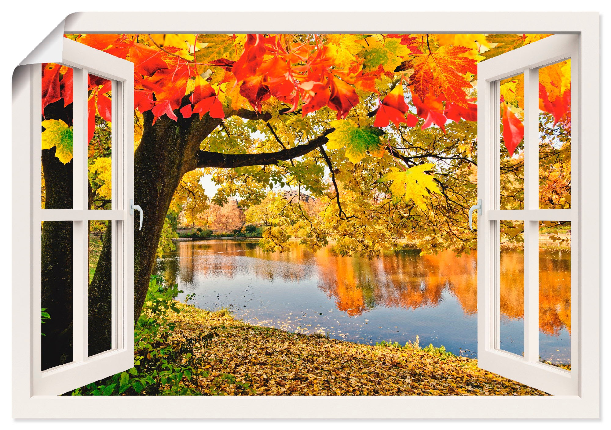 Image of Artland Wandbild »Fensterblick Herbsttag an einem See«, Gewässer, (1 St.), in vielen Grössen & Produktarten - Alubild / Outdoorbild für den Aussenbereich, Leinwandbild, Poster, Wandaufkleber / Wandtattoo auch für Badezimmer geeignet bei Ackermann Versand 
