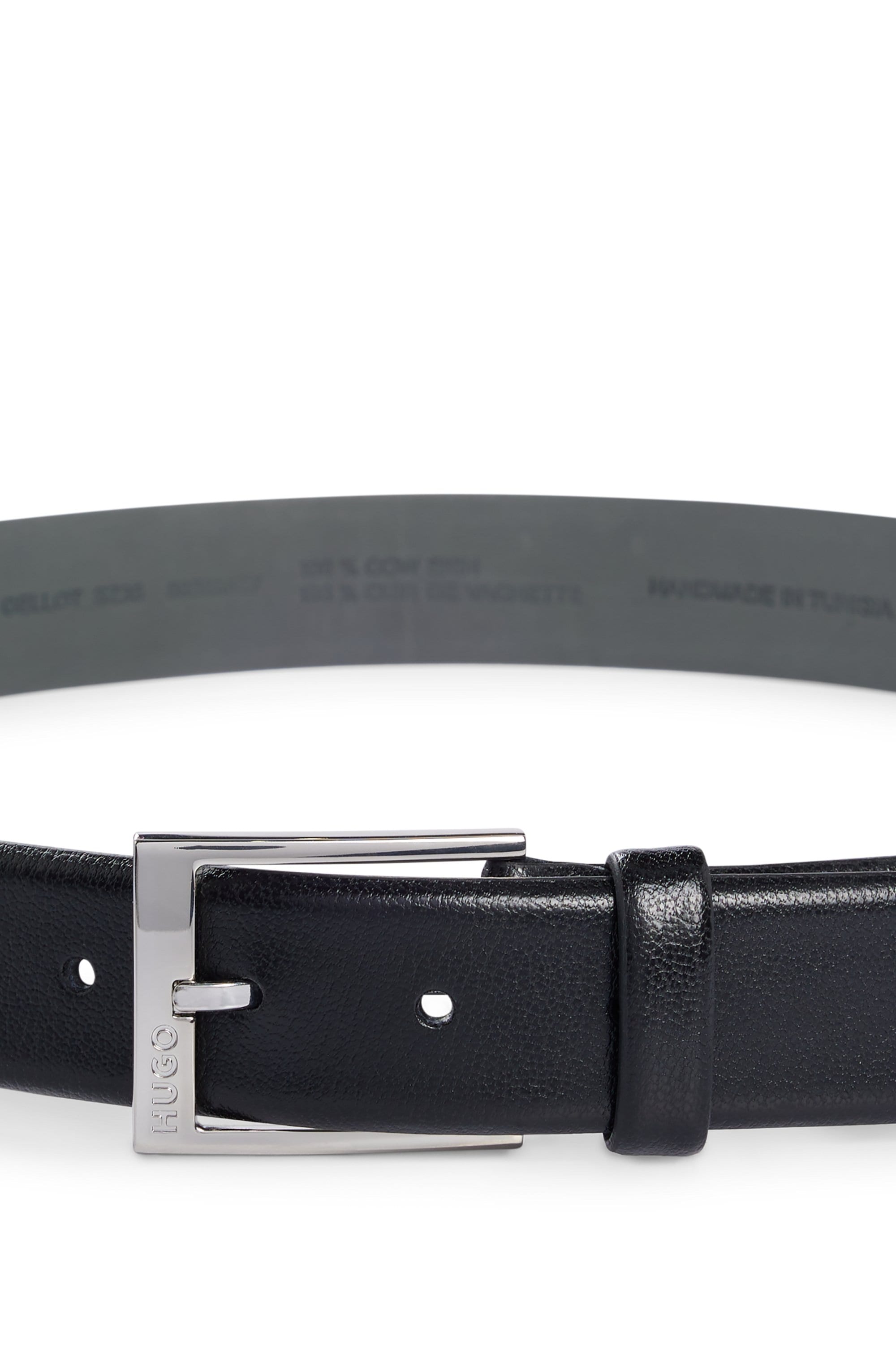 HUGO Ceinture en cuir genarbt mit Logo-Schliesse, glänzende silberfarbene Details