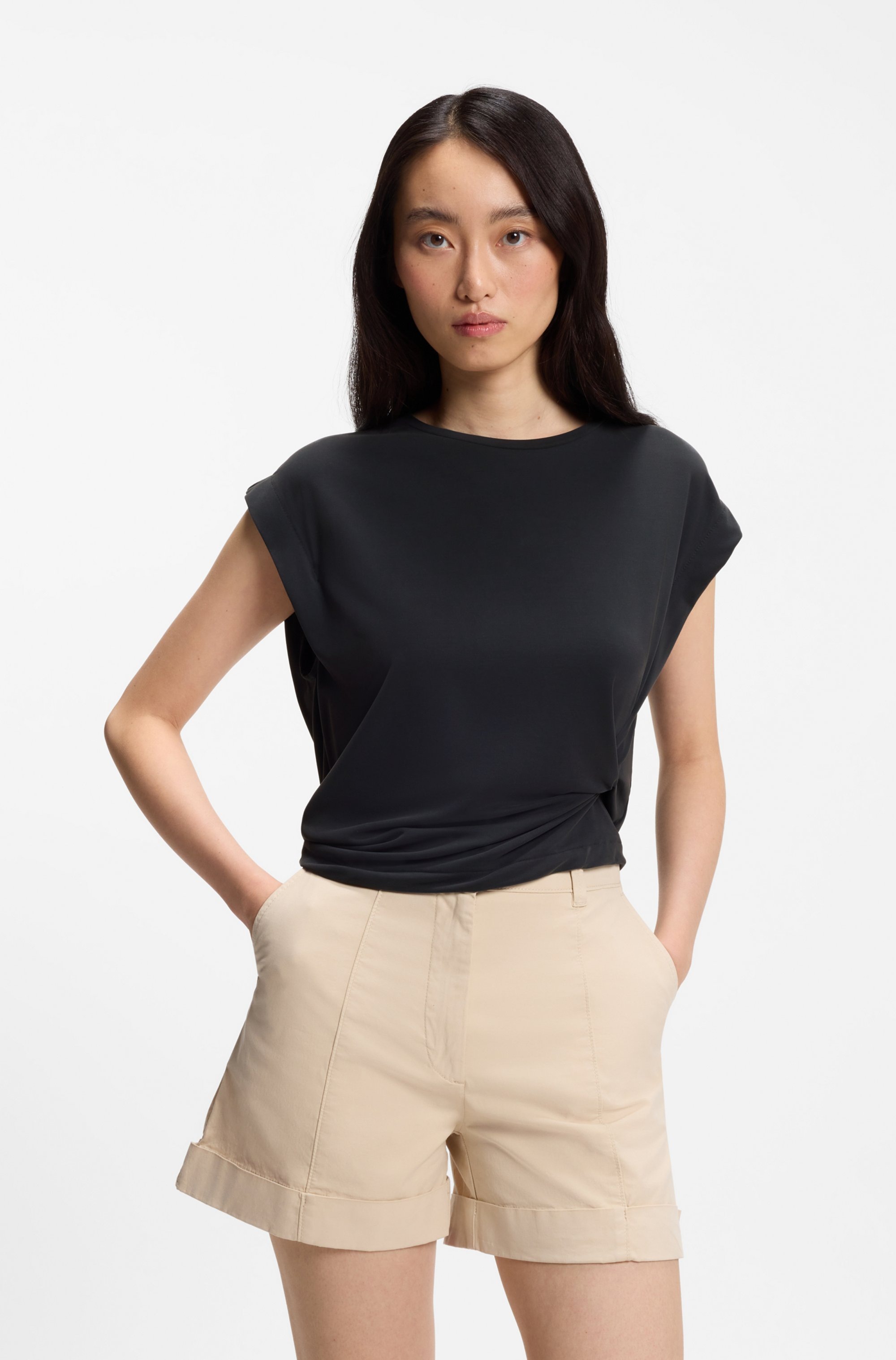 Image of BOSS ORANGE Kurzarmshirt "Ebony Premium Damenmode" mit Wickel-Detail, Rundhals