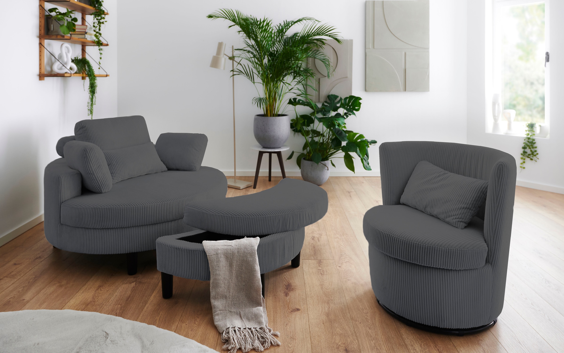 ATLANTIC home collection Loveseat »Ravi, B: 114 cm«, XXL- Sessel, mit Stauraumhocker, Rückenstütze & 4 Zierkissen