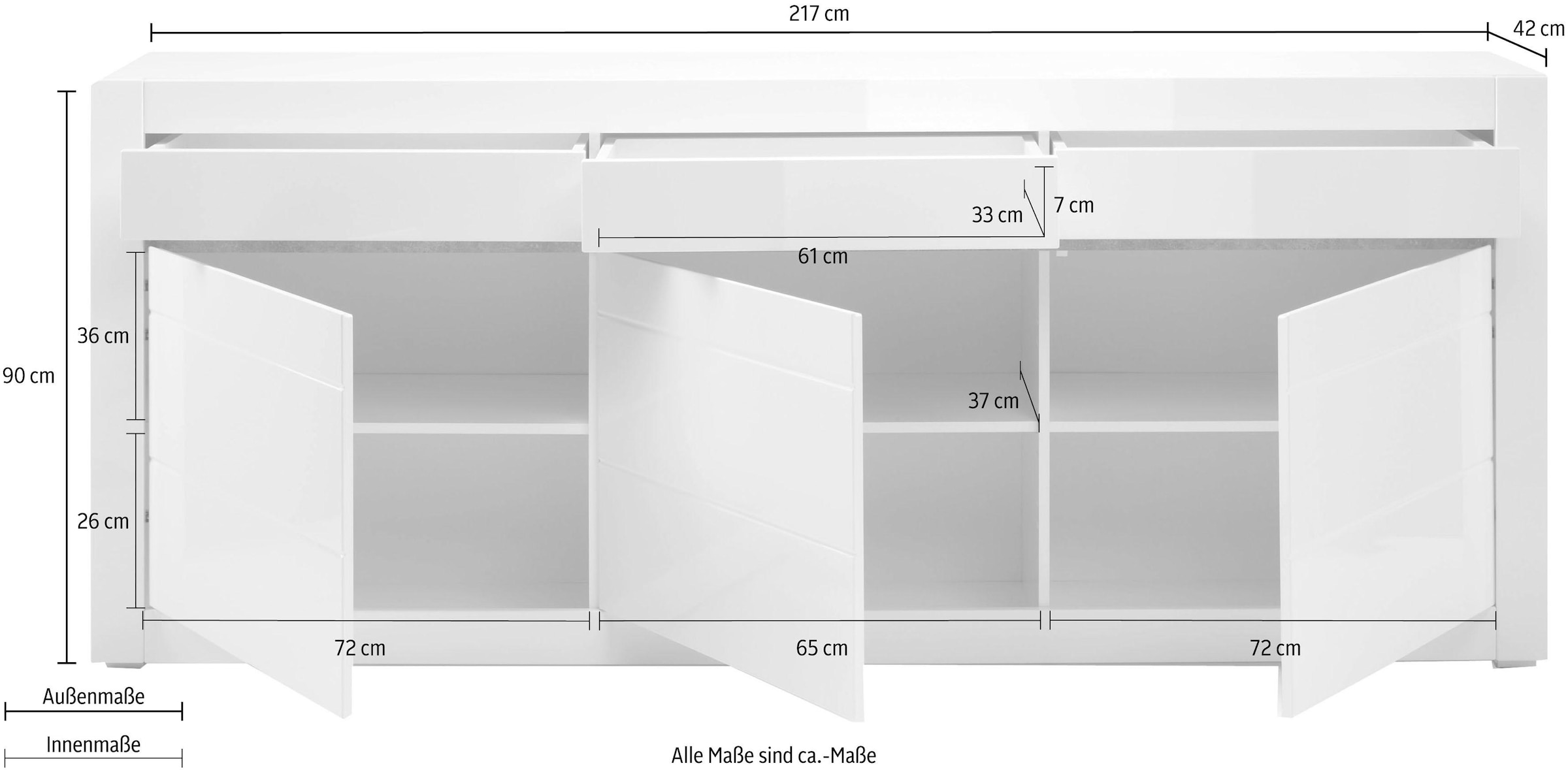 INOSIGN Sideboard »Carat«, Breite 217 cm, wird mit zwei Leisten angeliefert, 1 x grau, 1 x weiss