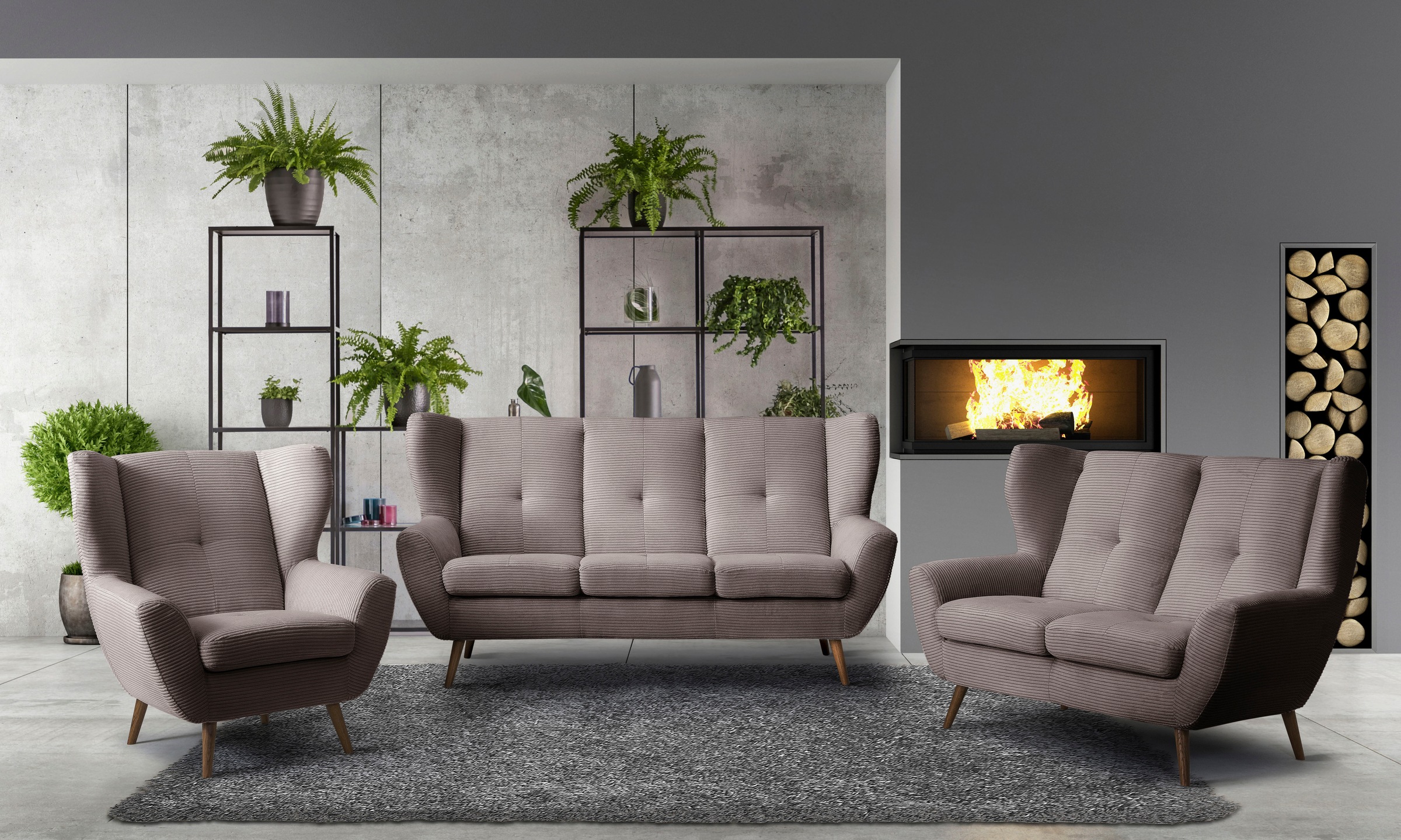 exxpo - sofa fashion 3-places »ALVESTA, Loungesofa, Küchensofa, hoher Sitzkomfort, Ohrenbackensofa« gemütliche Rückenlehne, mit Knopfheftung und hohen Holzfüssen, in Cord