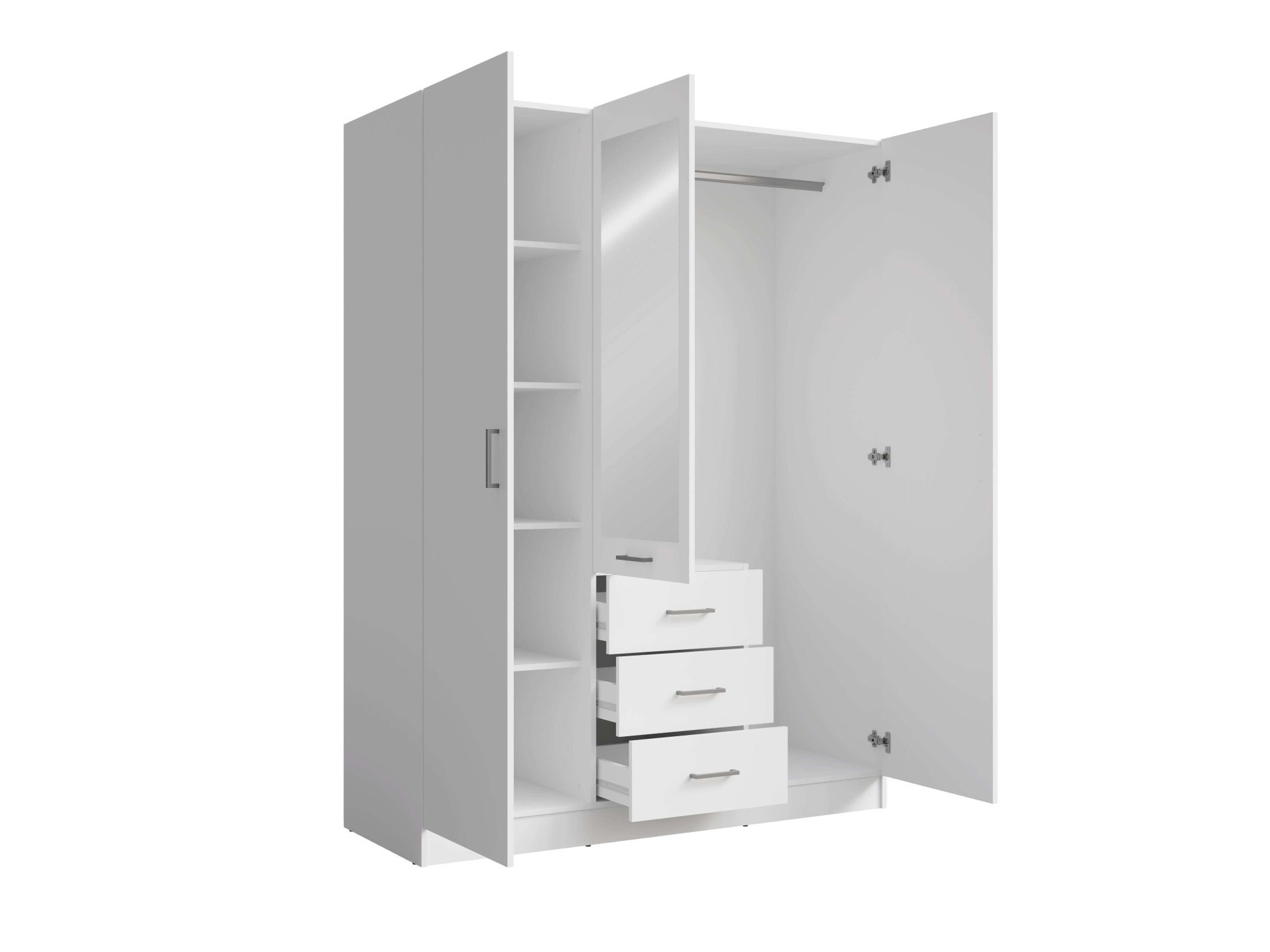 Home affaire Kleiderschrank »KOS Garderobe mit 3 Schubladen, Kleiderstange, 4 Einlegeböden, Spiegel«, Wäscheschrank mit 3 Drehtüren, silberfarben Griffen, Masse B/H/T 150/200/58cm